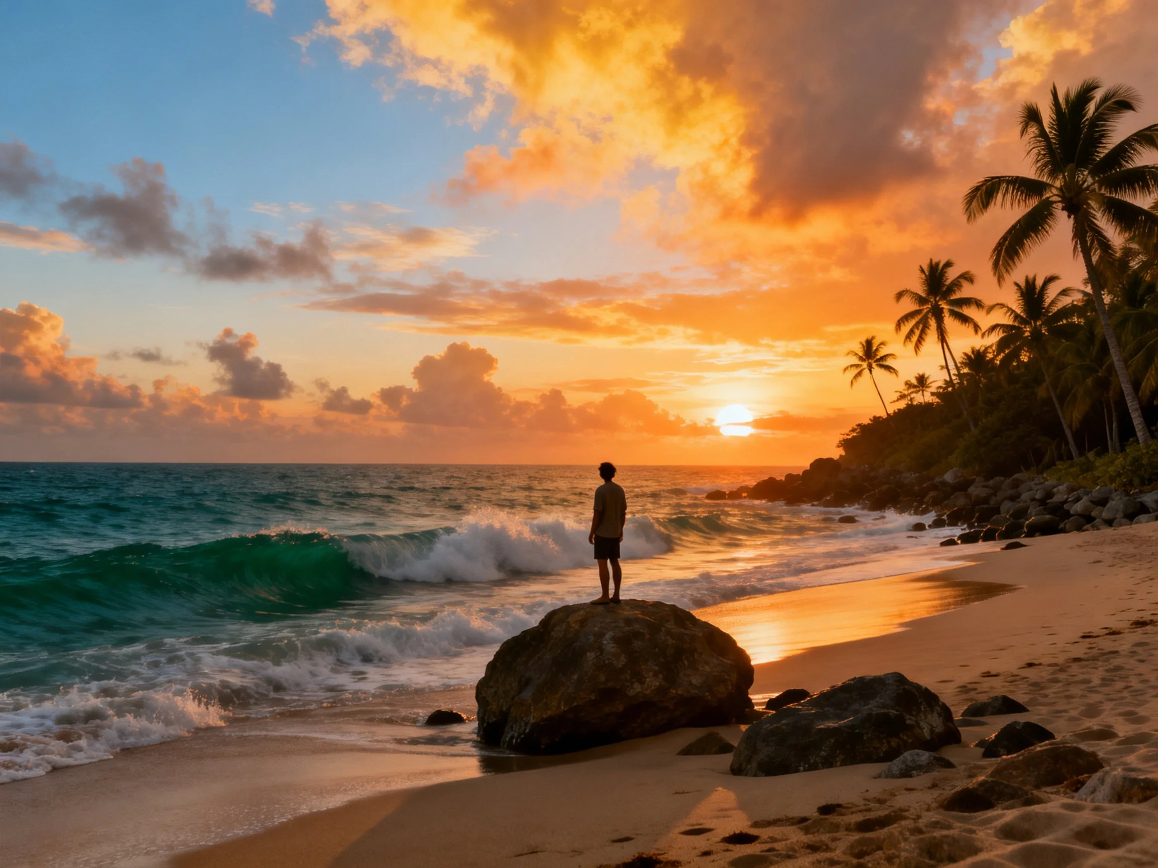 A man stands on a rock at a tropical beach during sunset