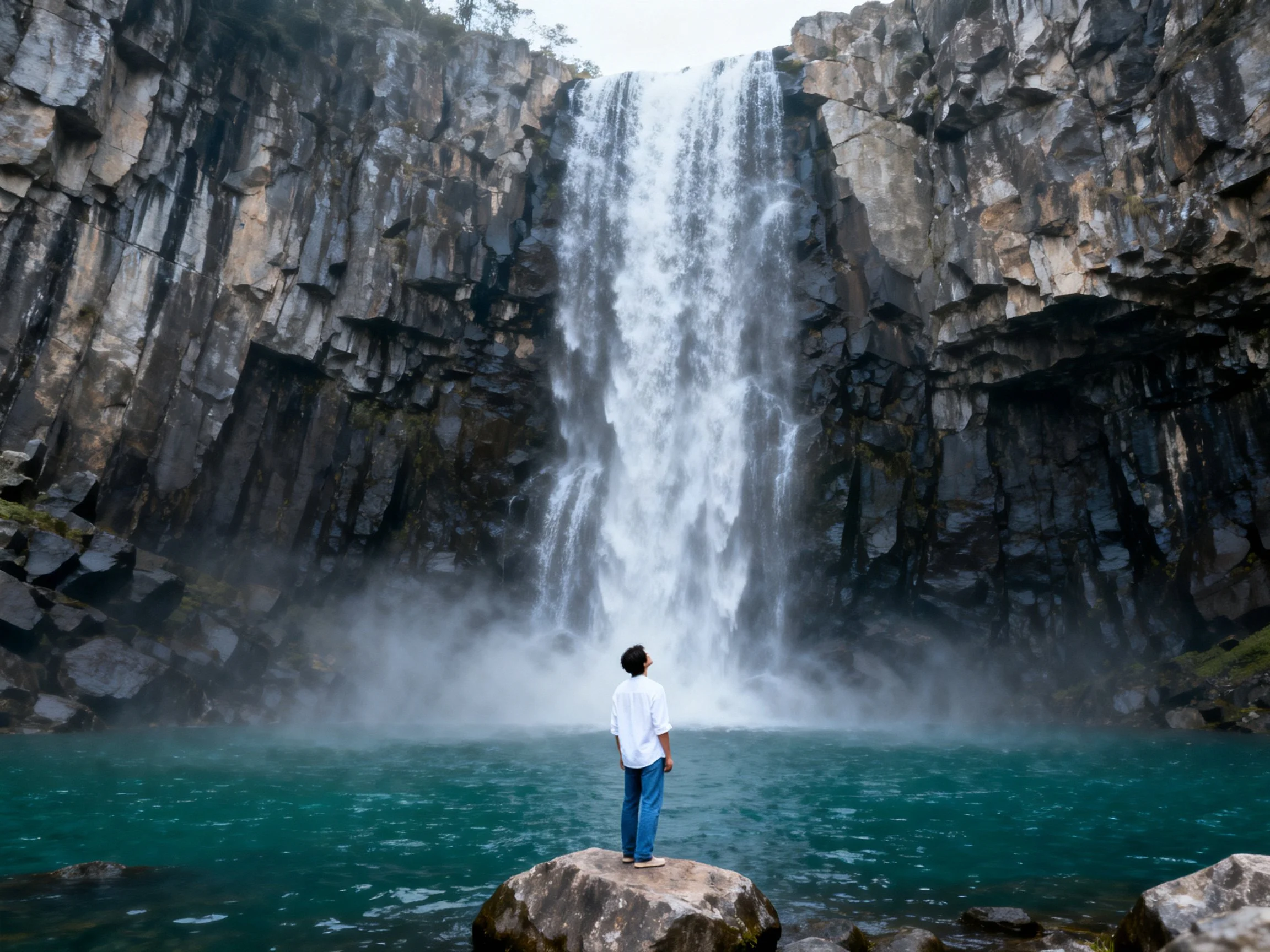 A man stands on a rock before a towering turquoise waterfall