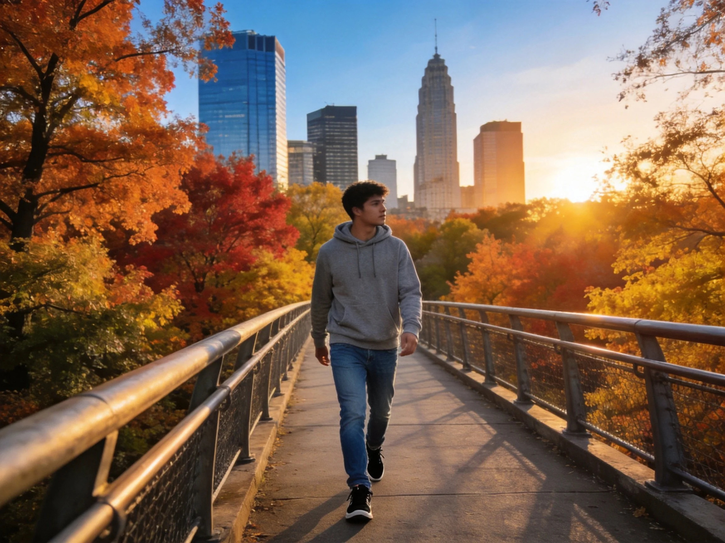 A man walks a bridge amid vibrant fall foliage and urban skyscrapers
