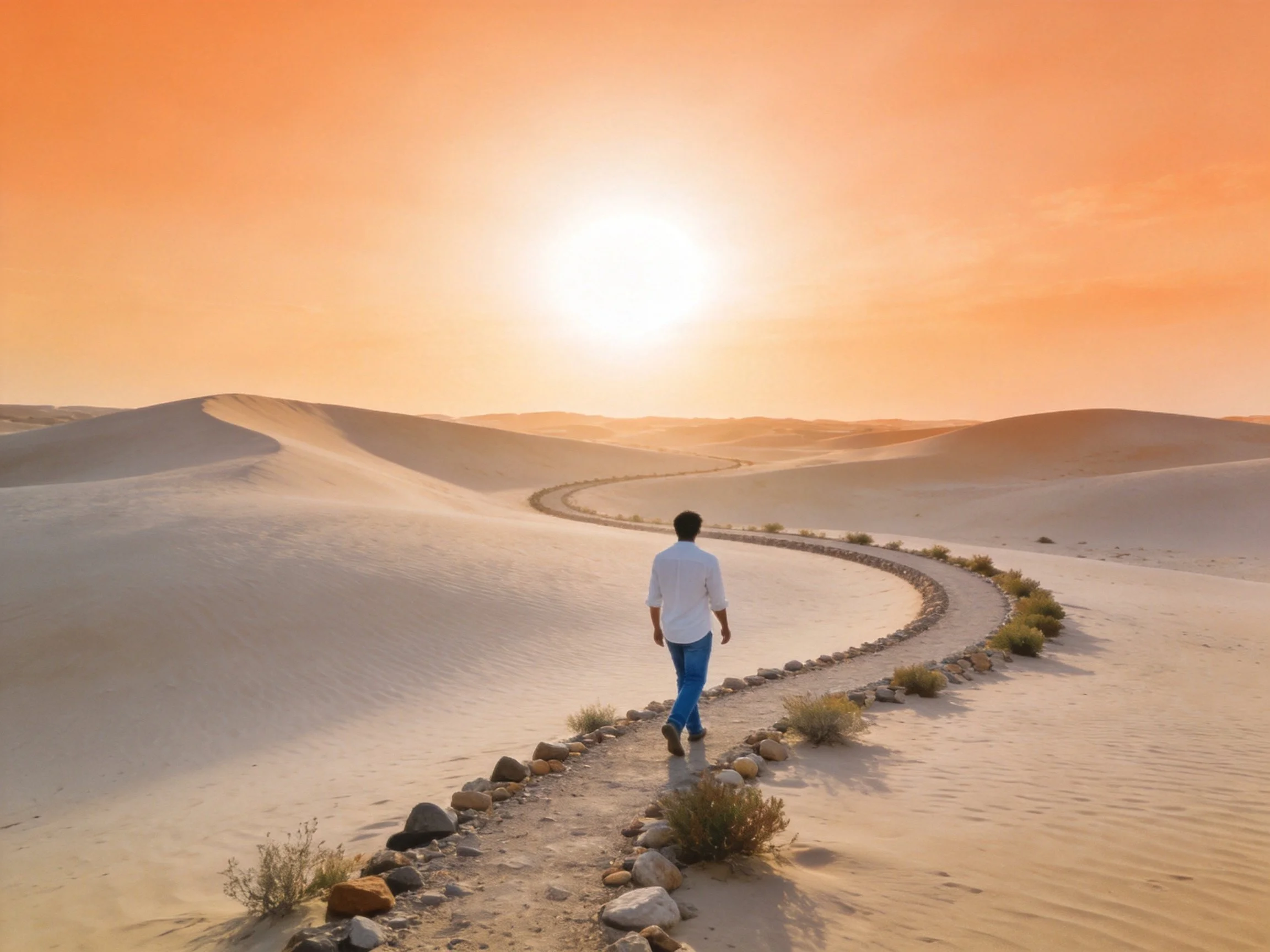 A man walks along a stone-lined desert path at sunset