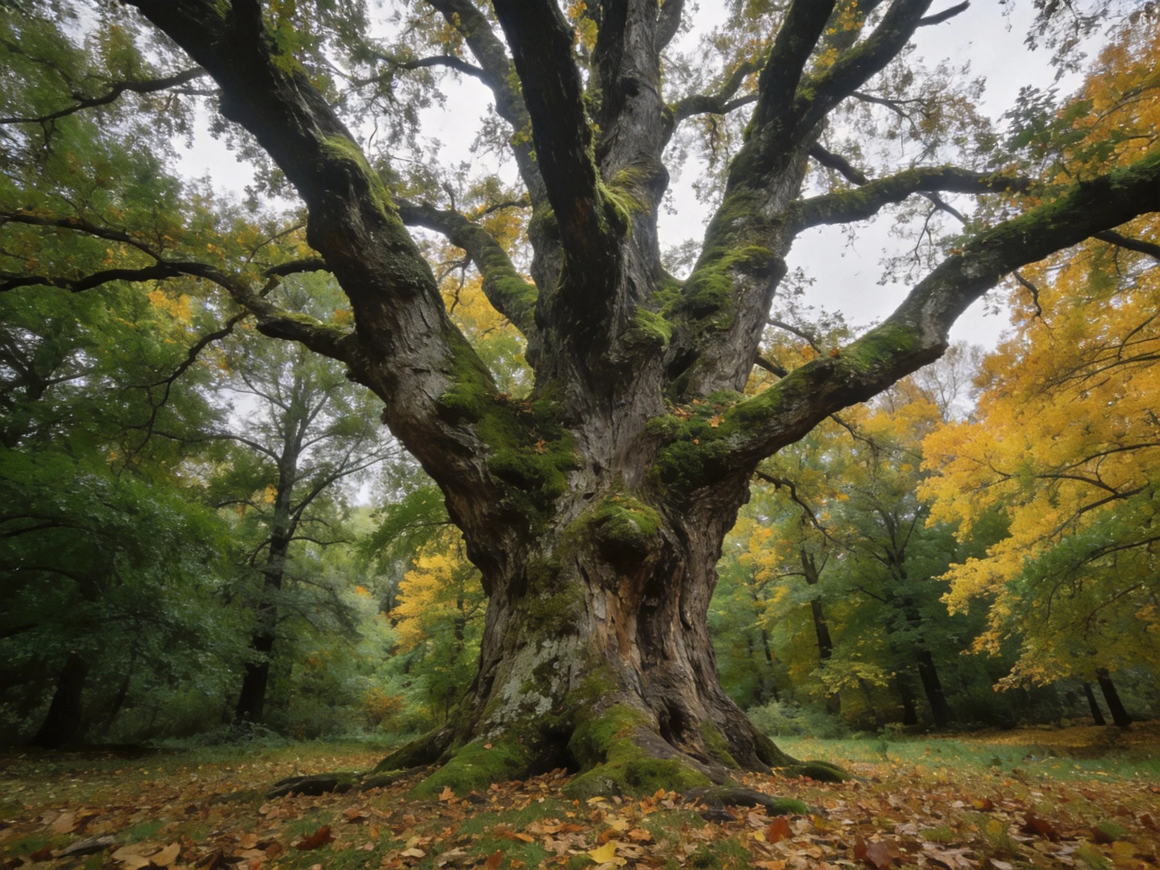 A massive ancient oak tree with mossy trunk and autumn surroundings