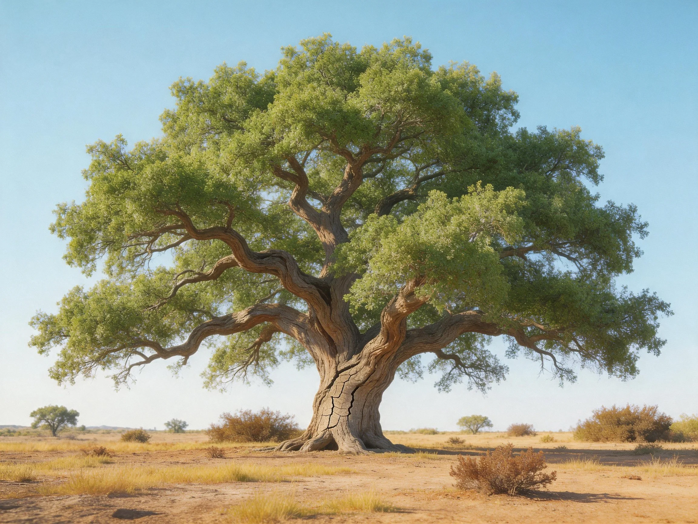 A massive ancient tree with lush green canopy in arid terrain