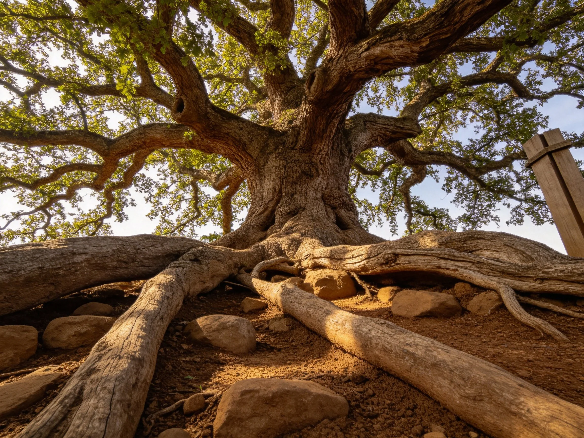A massive ancient tree with sprawling roots and rocky surroundings
