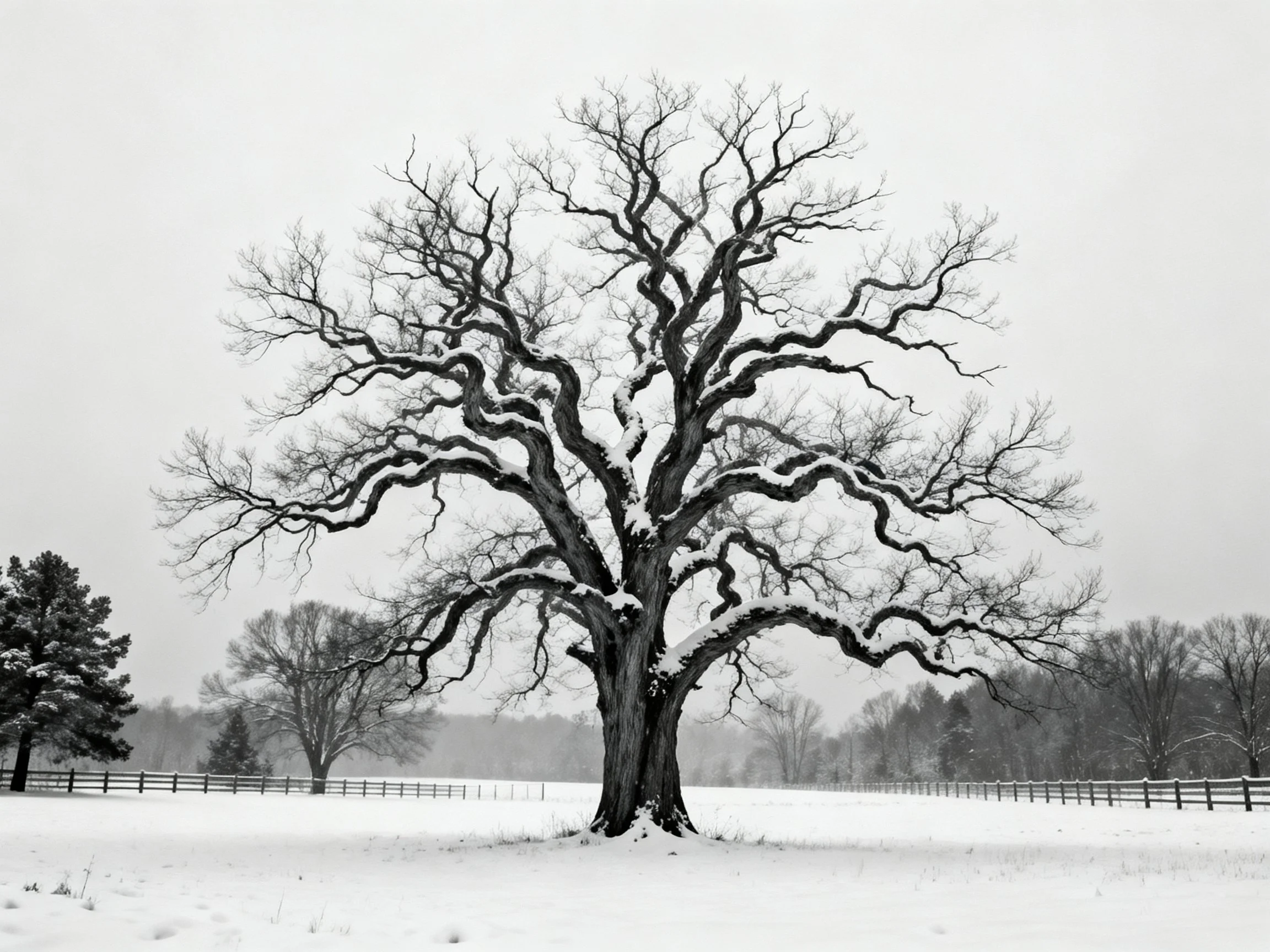 A massive bare oak tree stands alone in a snow-draped field
