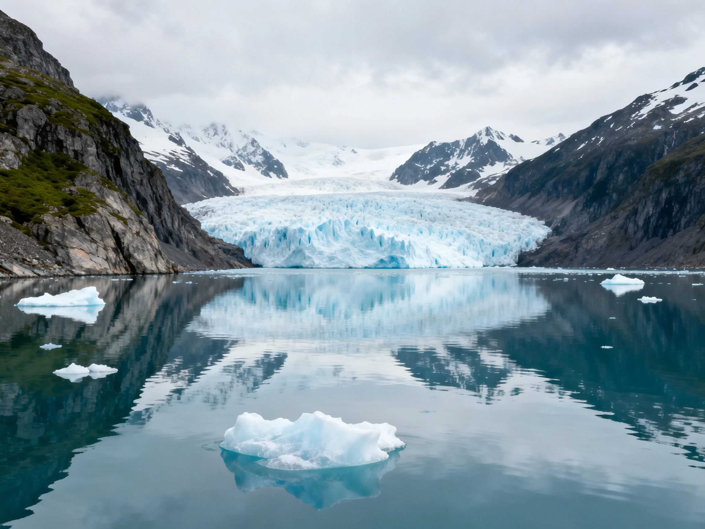 A massive blue glacier flanked by snow-covered mountains over tranquil water