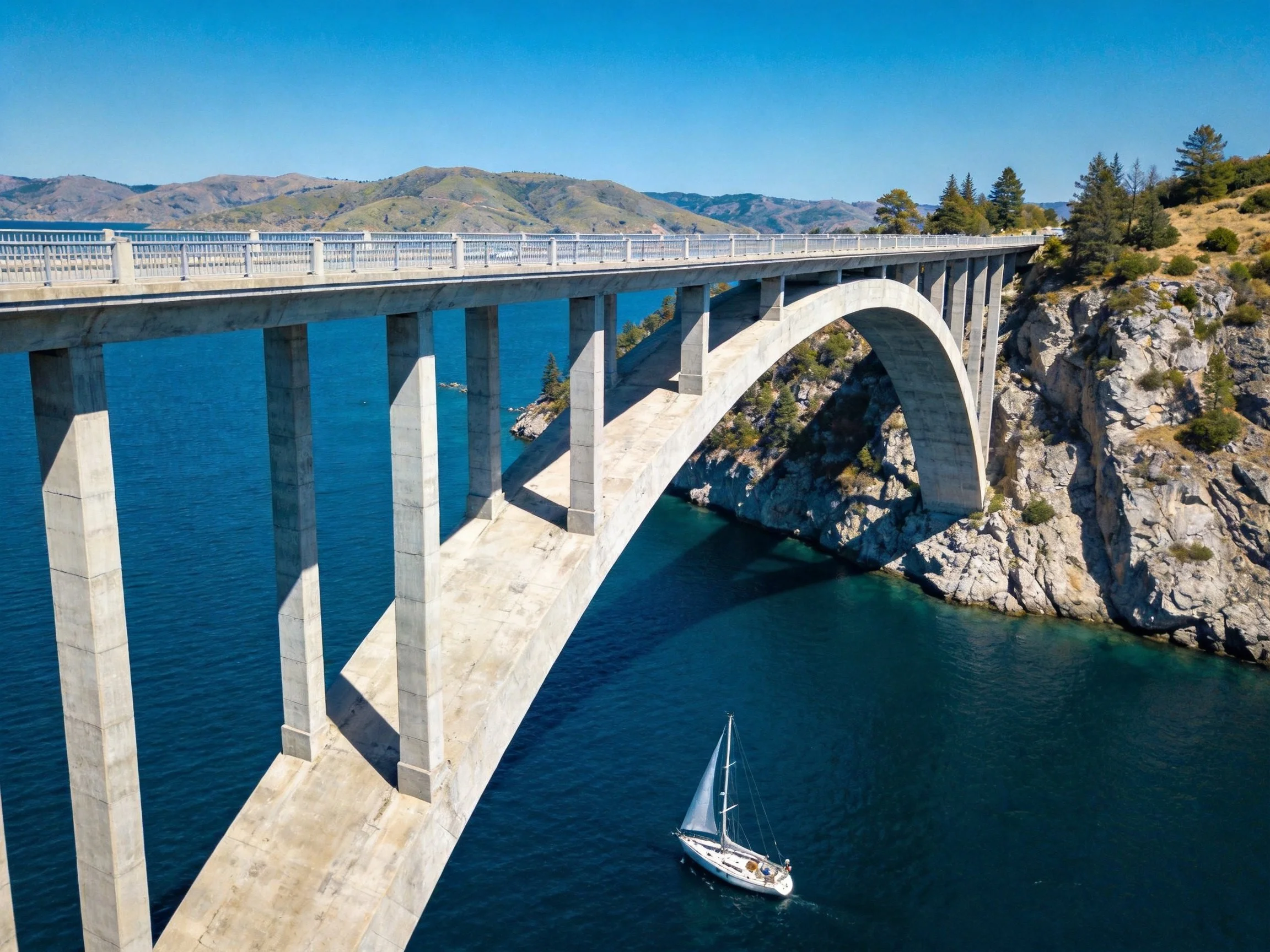 A massive concrete arch bridge spans turquoise waters with a sailboat below