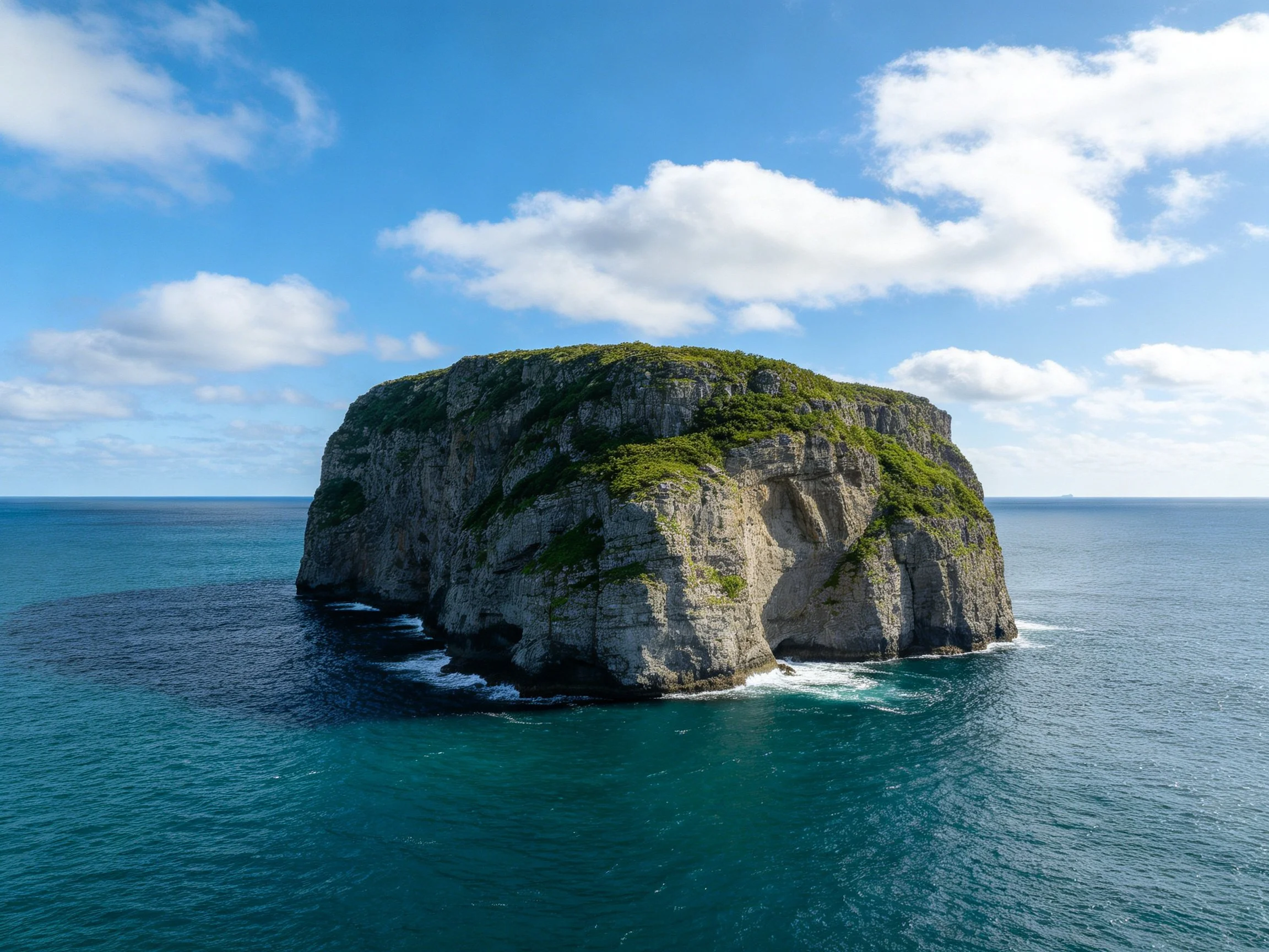 A massive gray cliff island surrounded by turquoise waters