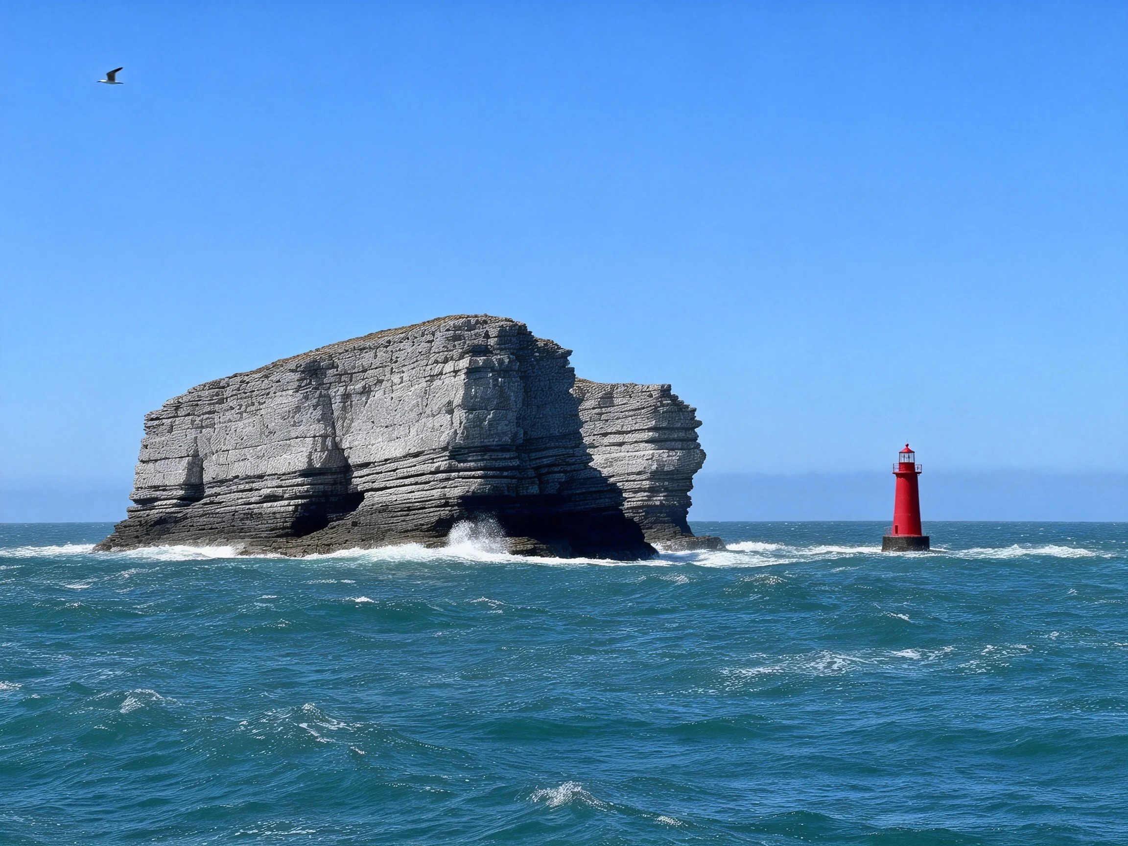 A massive gray rock formation beside a bright red lighthouse by turquoise sea