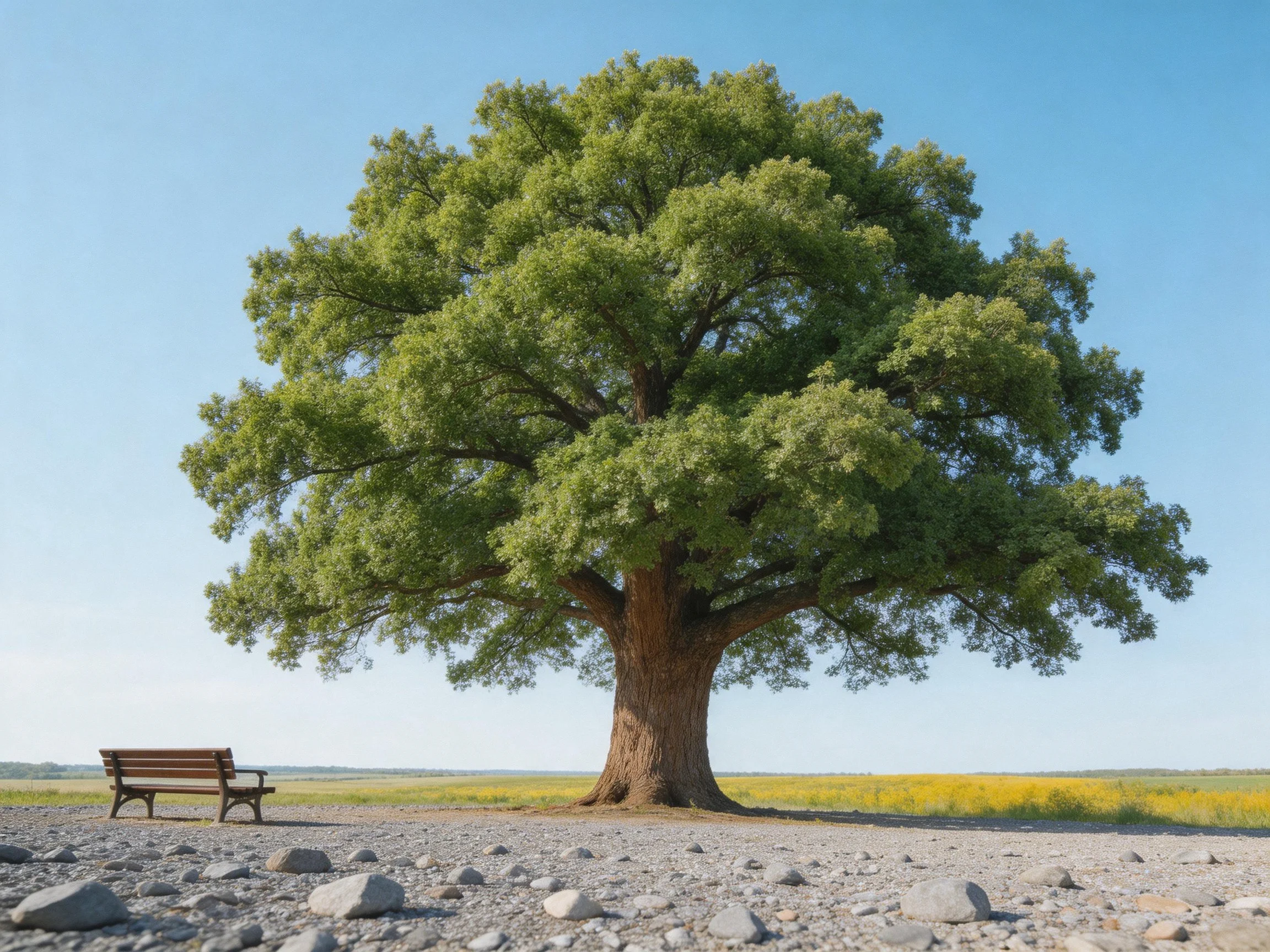 A massive green oak tree beside a wooden bench on rocky ground