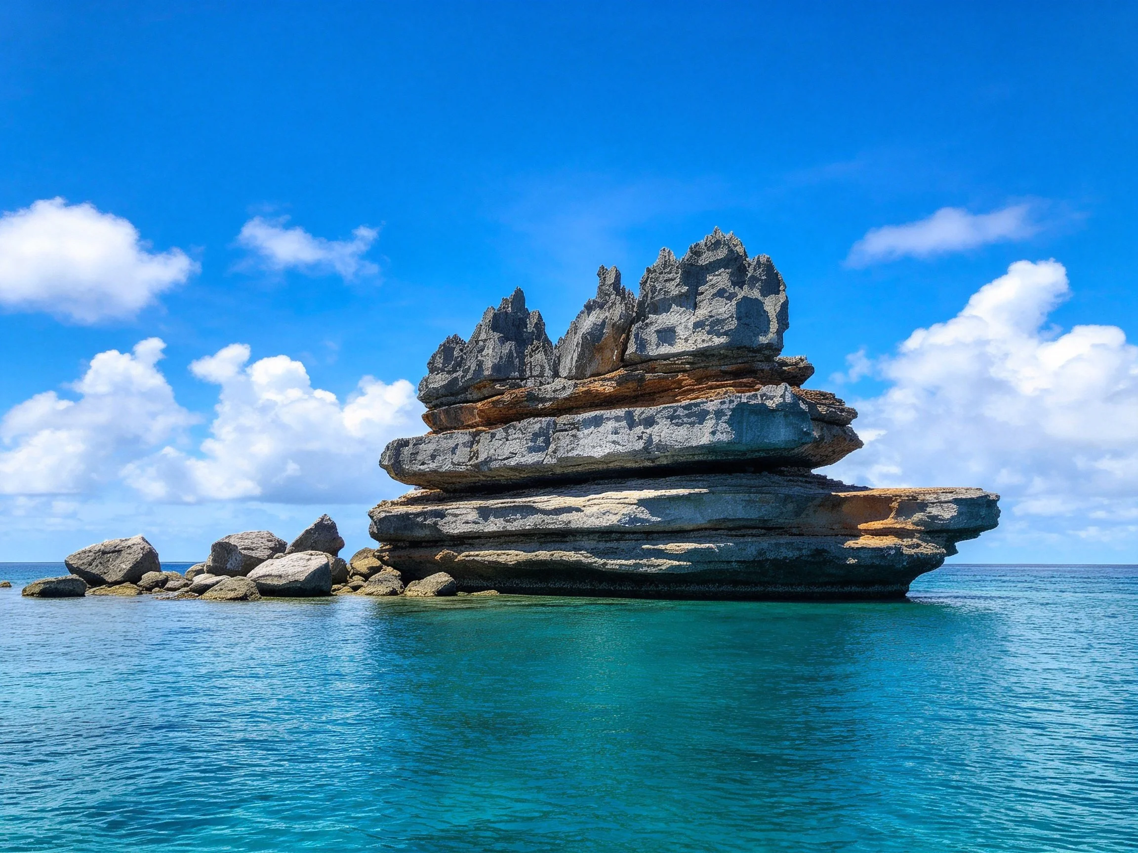 A massive layered rock formation rises from turquoise waters under bright blue skies