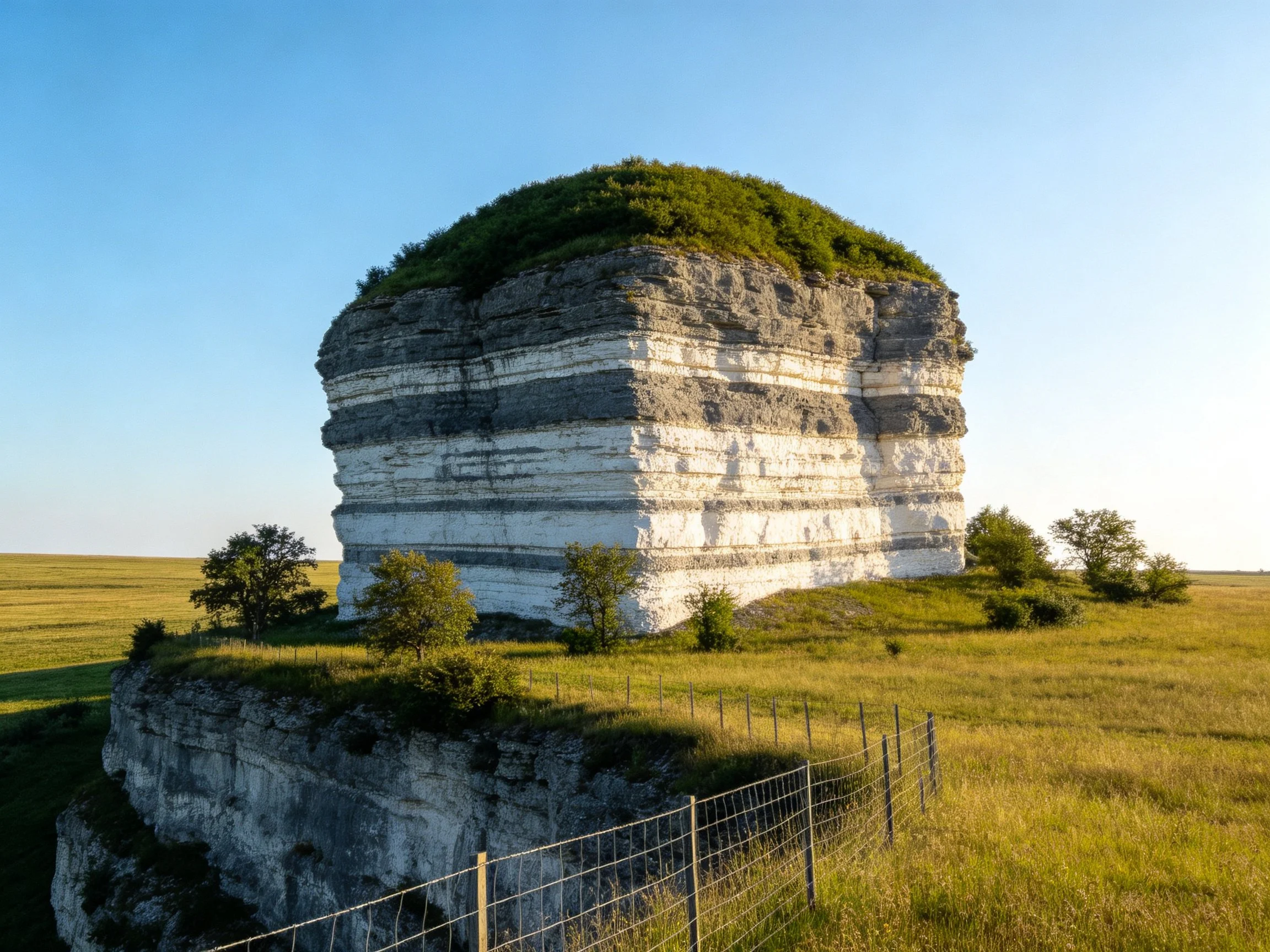 A massive layered rock formation with green vegetation atop