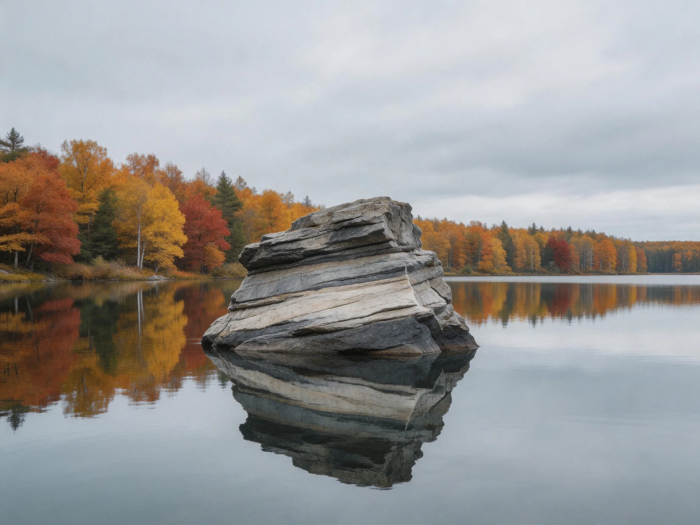 A massive layered rock sits in a calm lake with autumn-colored trees
