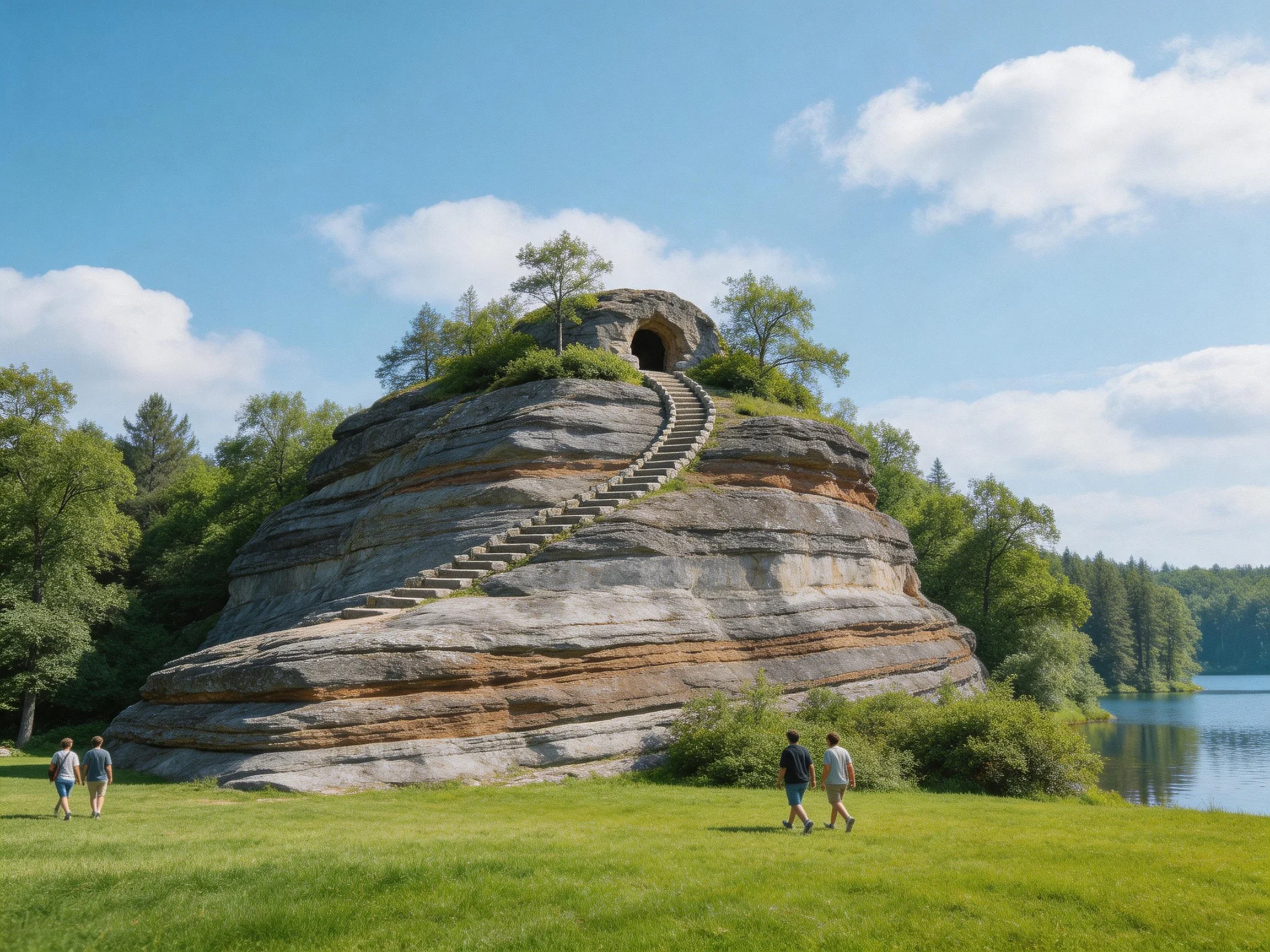 A massive layered rock structure with stone stairs near a forested lake