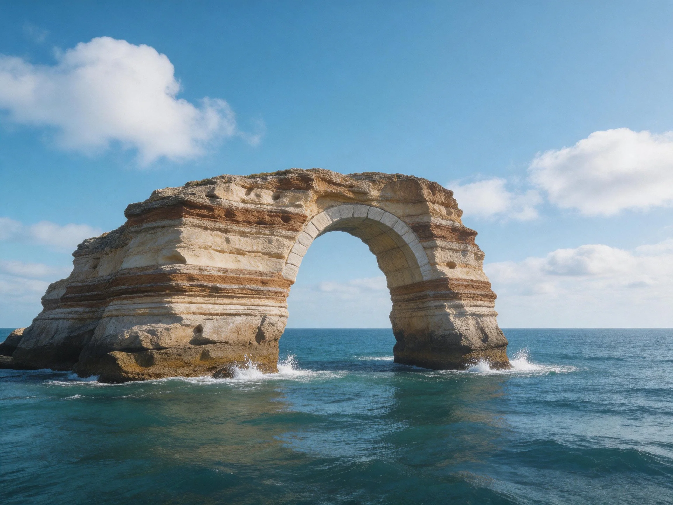 A massive layered stone arch rises from turquoise waters under bright blue sky