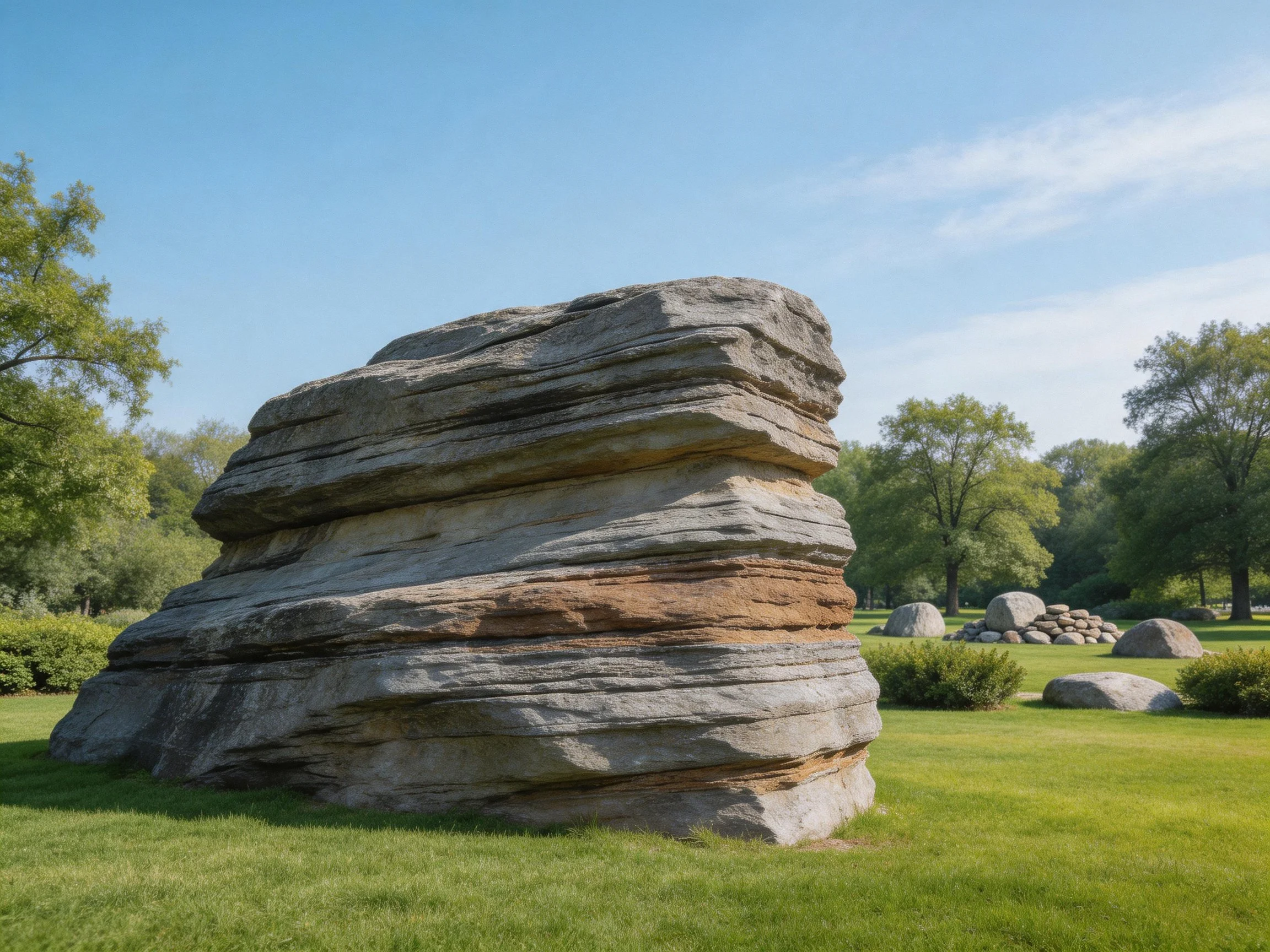 A massive layered stone sculpture in a grassy park setting