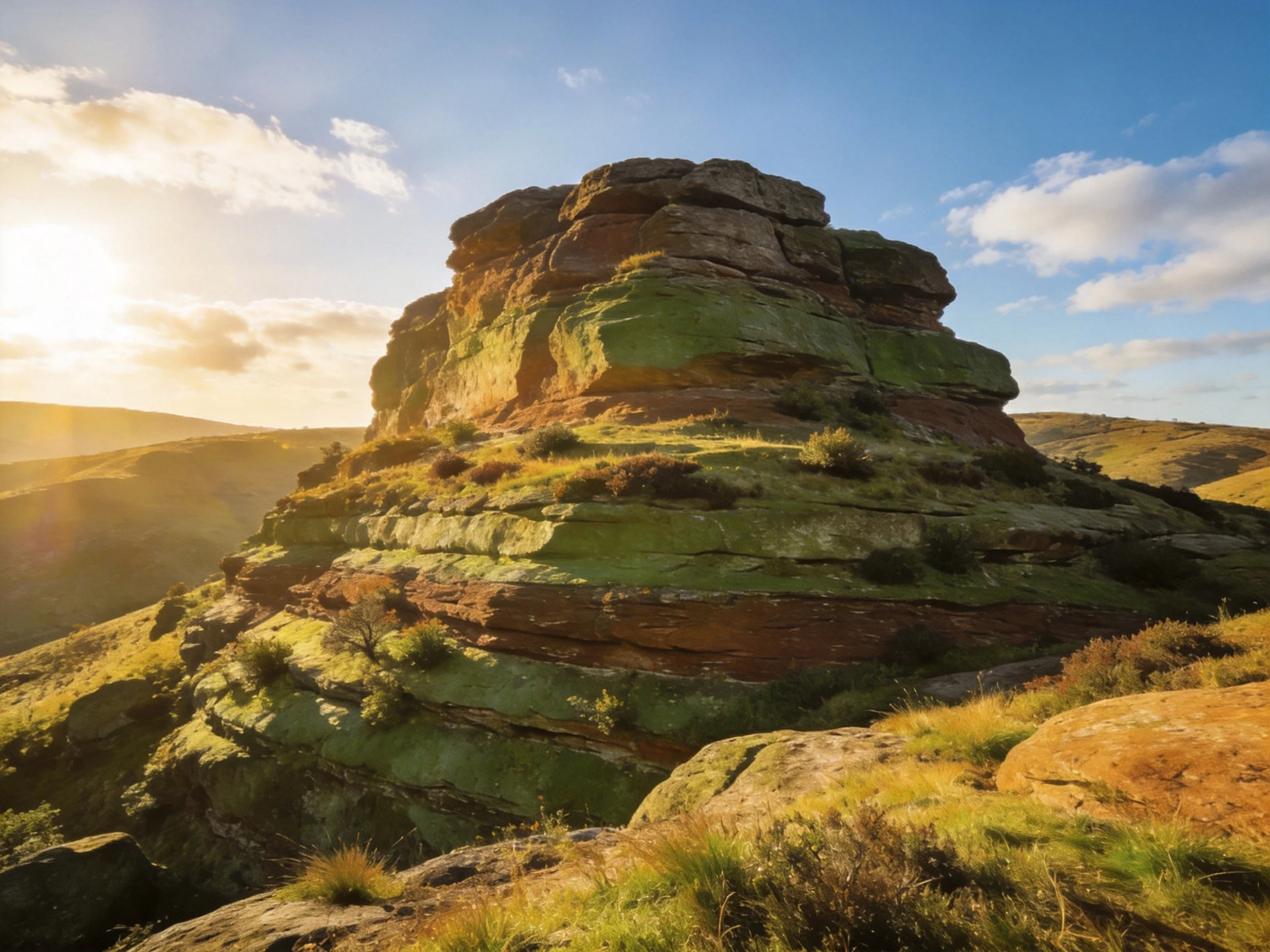 A massive multicolored rock formation under bright sunlight