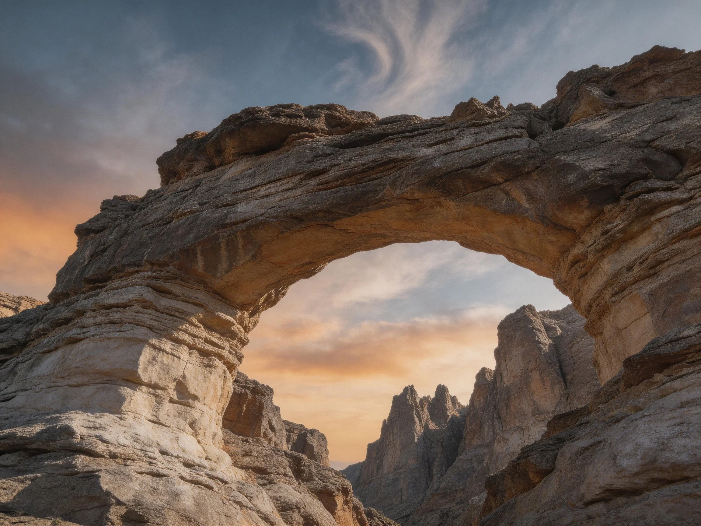 A massive natural stone arch formation in a rocky canyon landscape