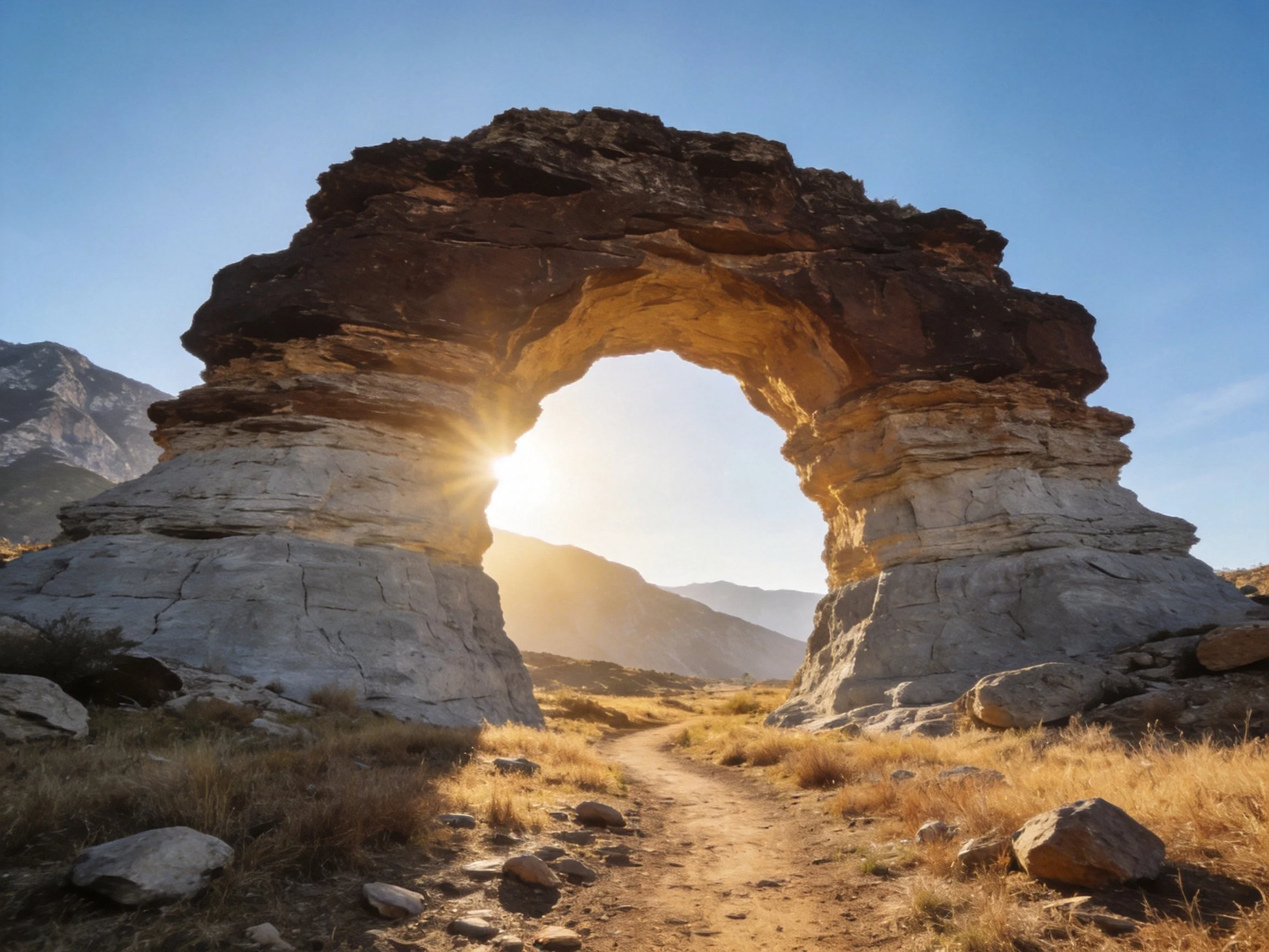 A massive natural stone arch with golden sunlight streaming through