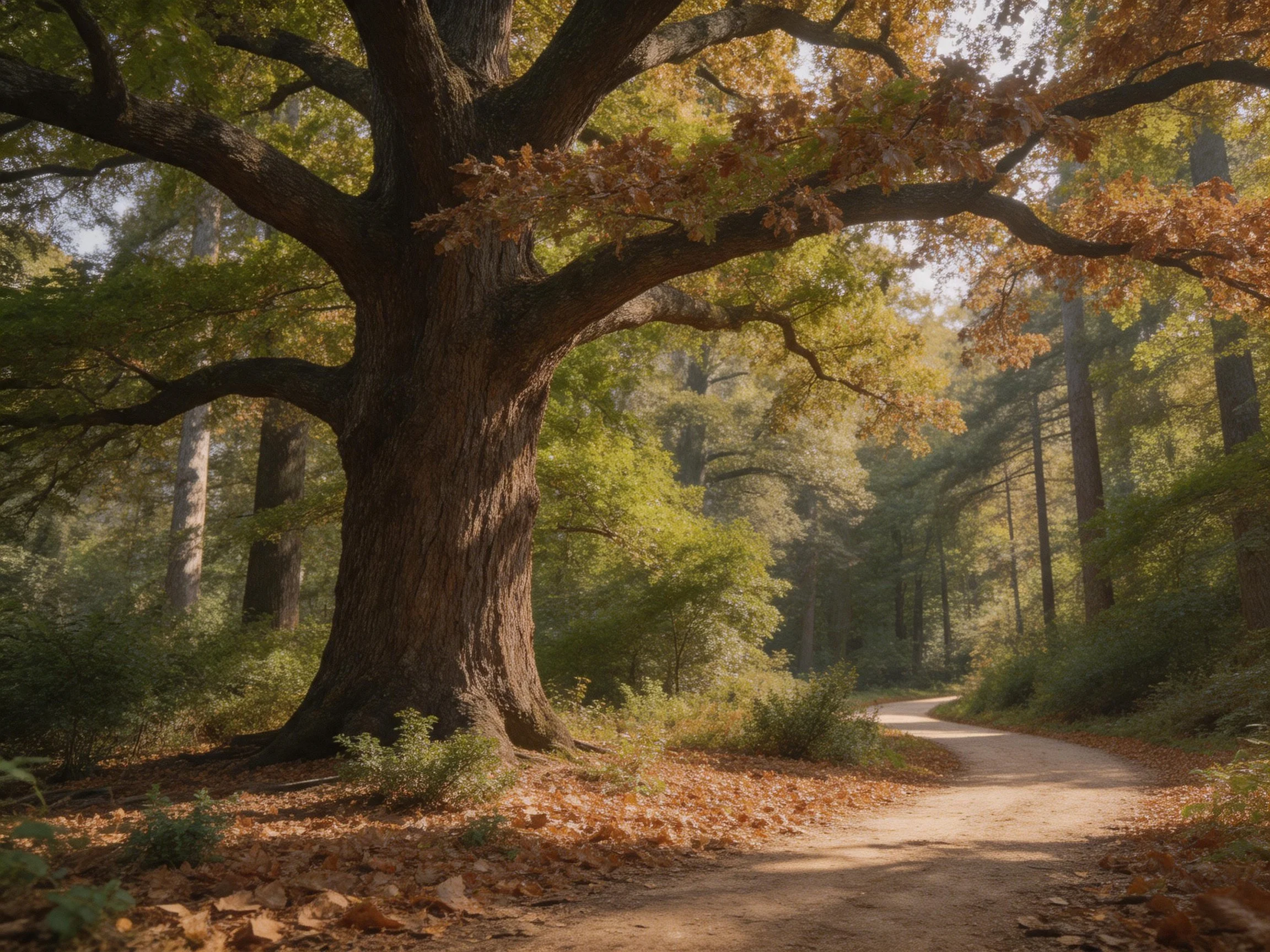 A massive oak tree with autumn foliage shades a winding forest path