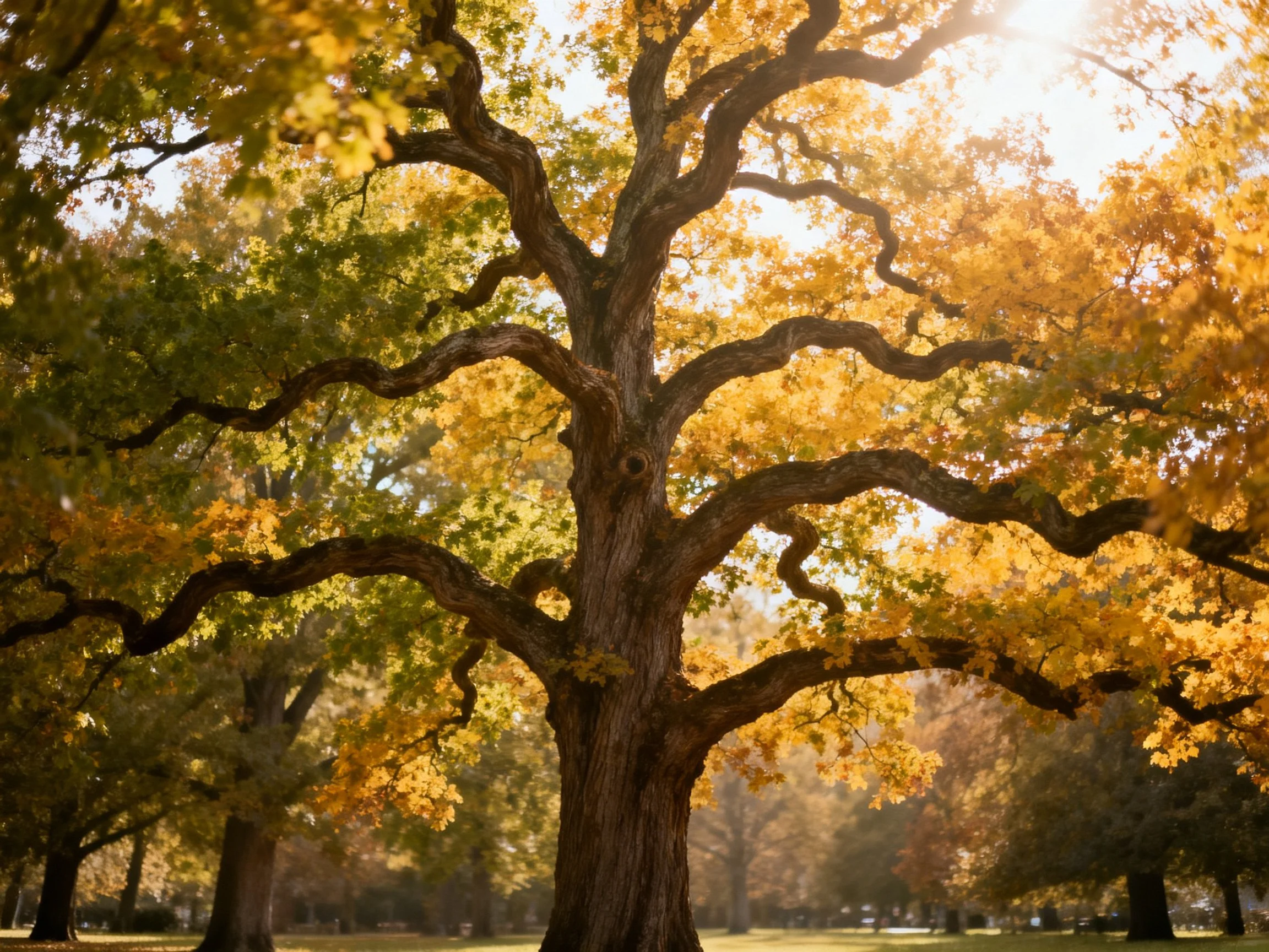 A massive old oak tree with golden autumn foliage under warm sunlight