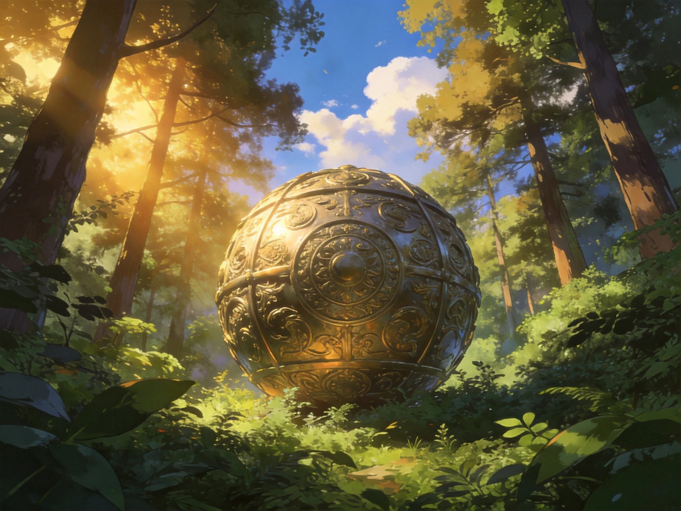 A massive ornate golden sphere in a sun-drenched forest