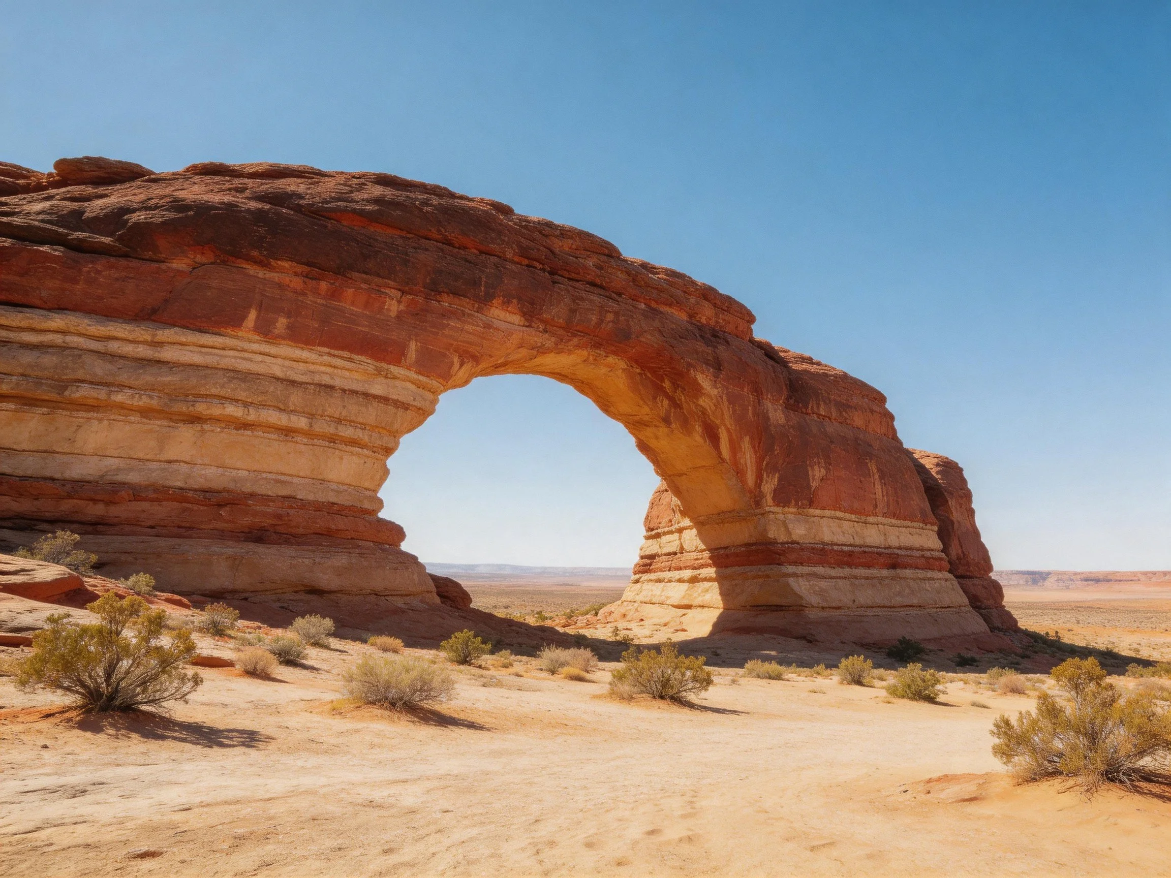 A massive reddish-brown stone arch dominates a dry desert landscape