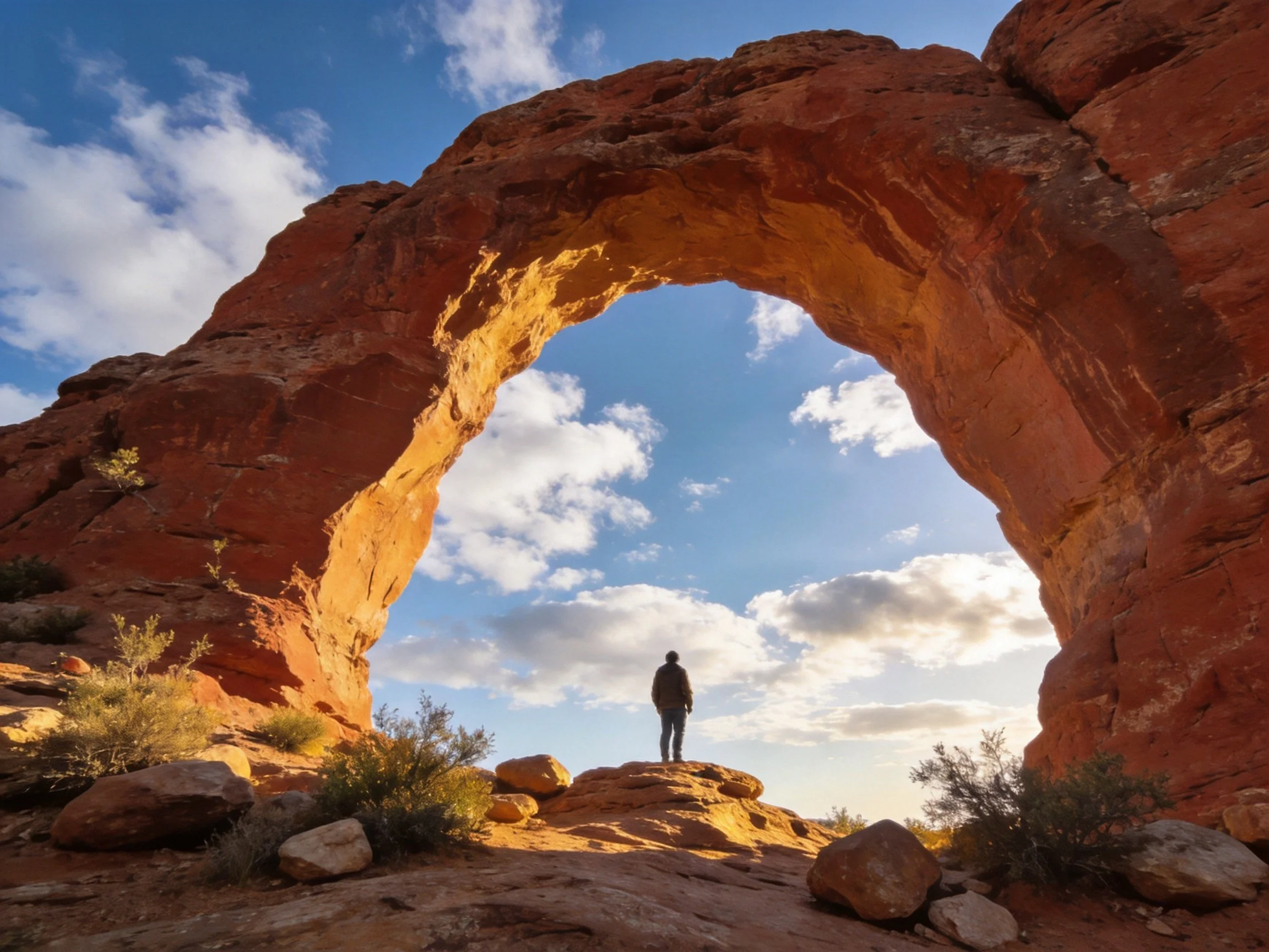 A massive reddish-brown stone arch frames a hiker under bright sky