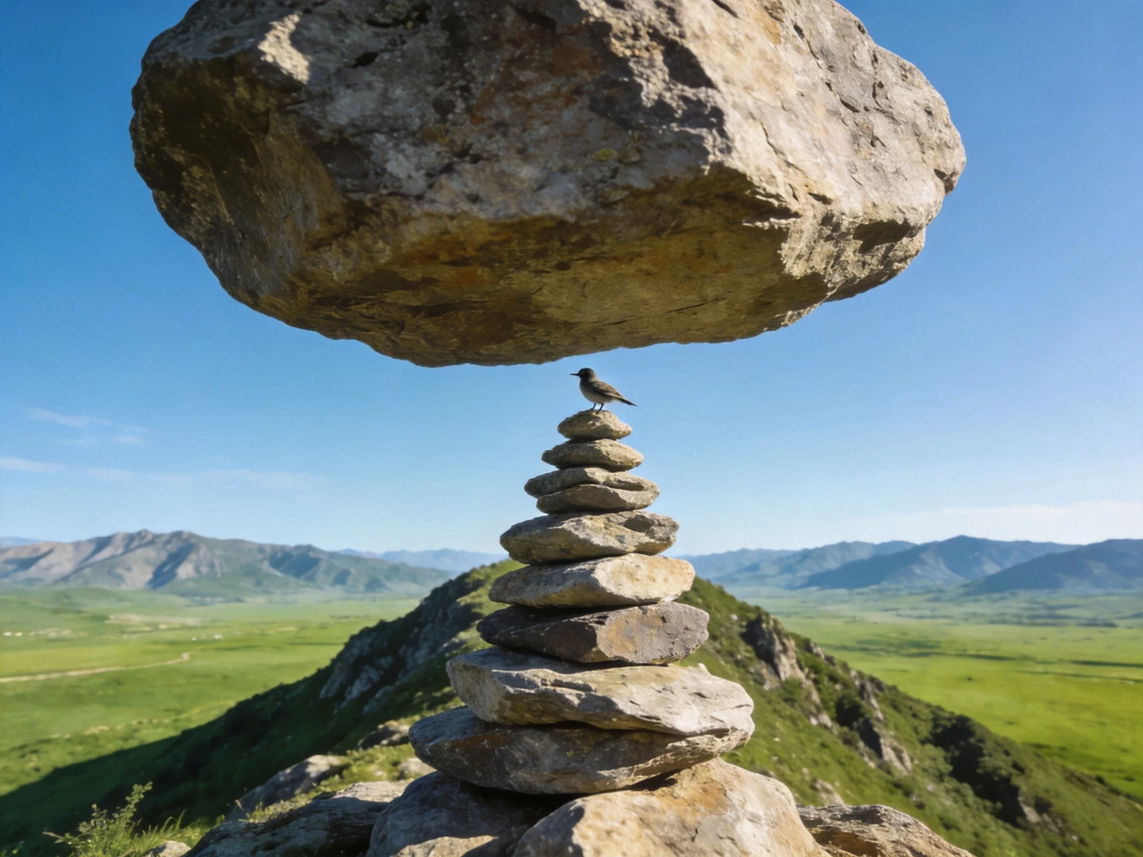 A massive rock balances over stacked stones with a small bird