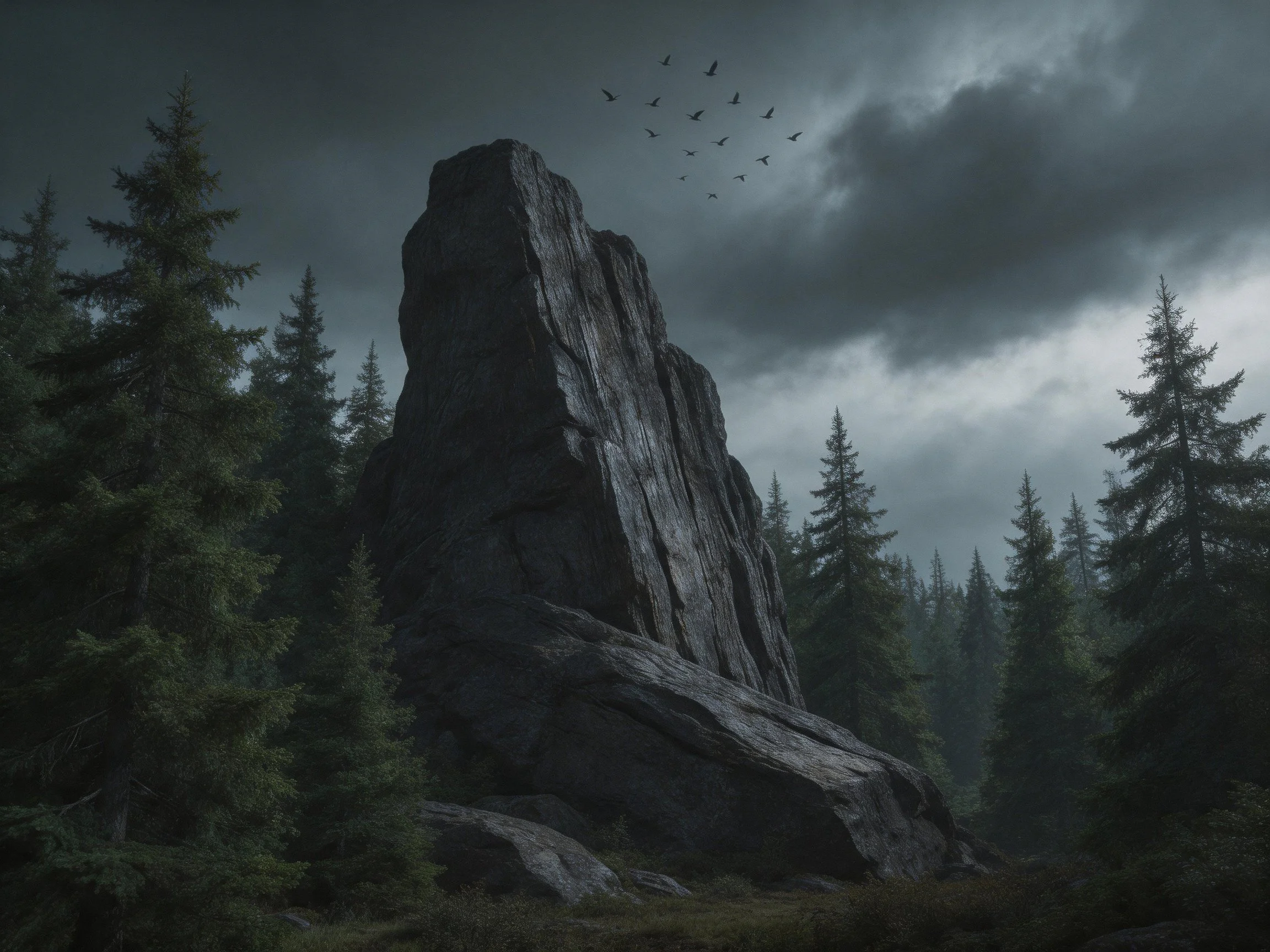 A massive rock formation in a dense evergreen forest under gloomy skies