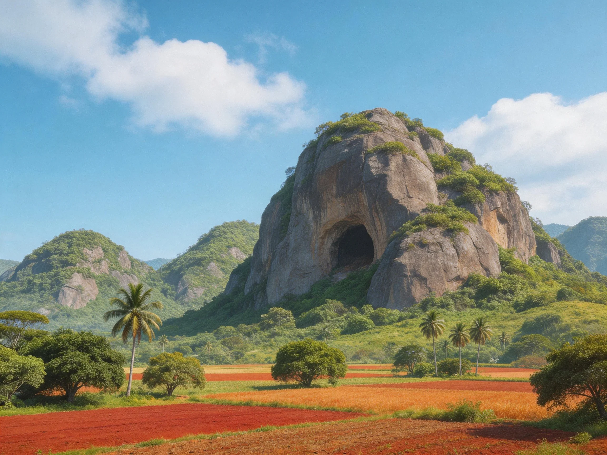 A massive rocky hill with a cave, vibrant fields, and lush greenery