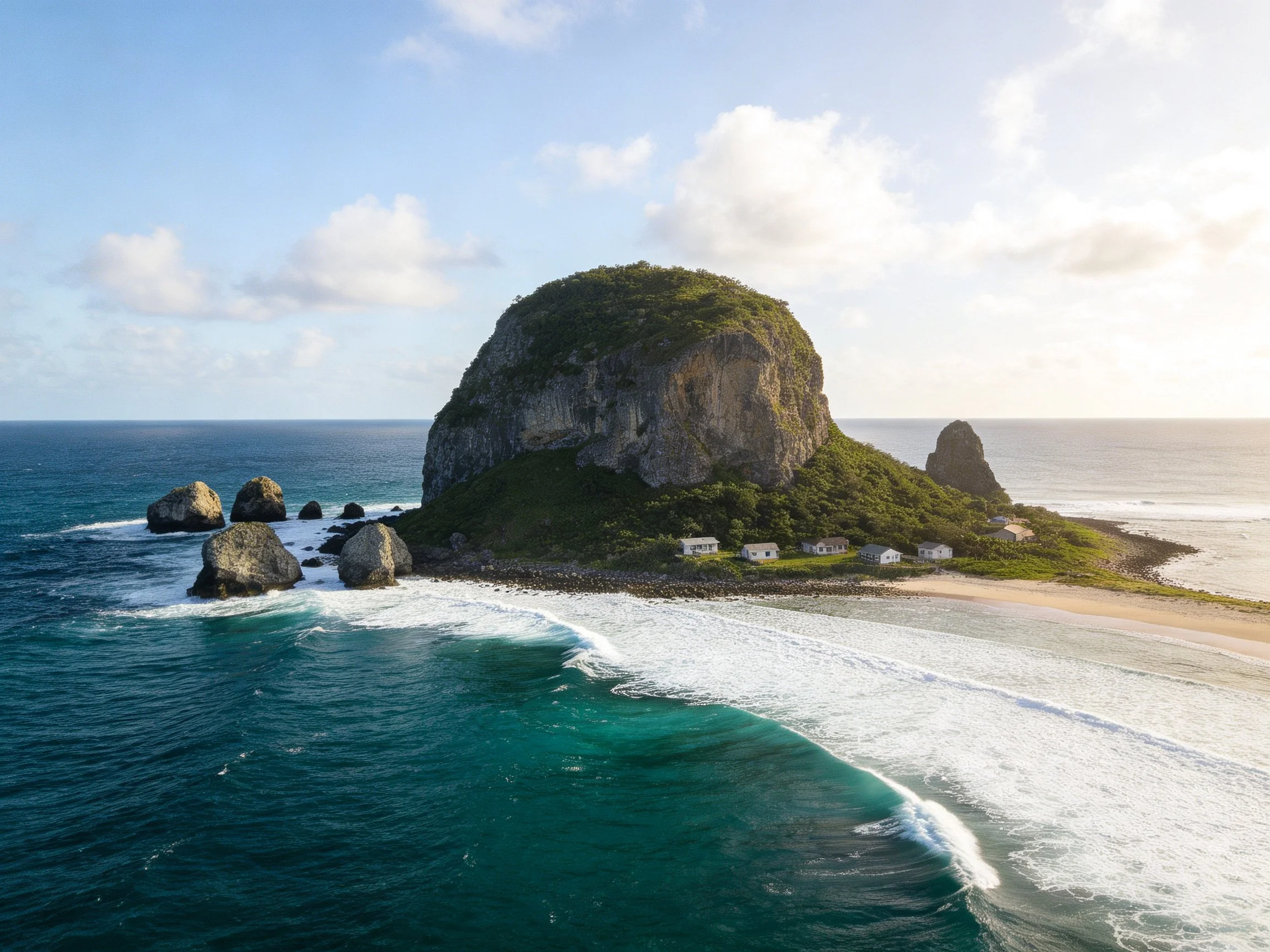 A massive rocky island with sandy beach and turquoise waters