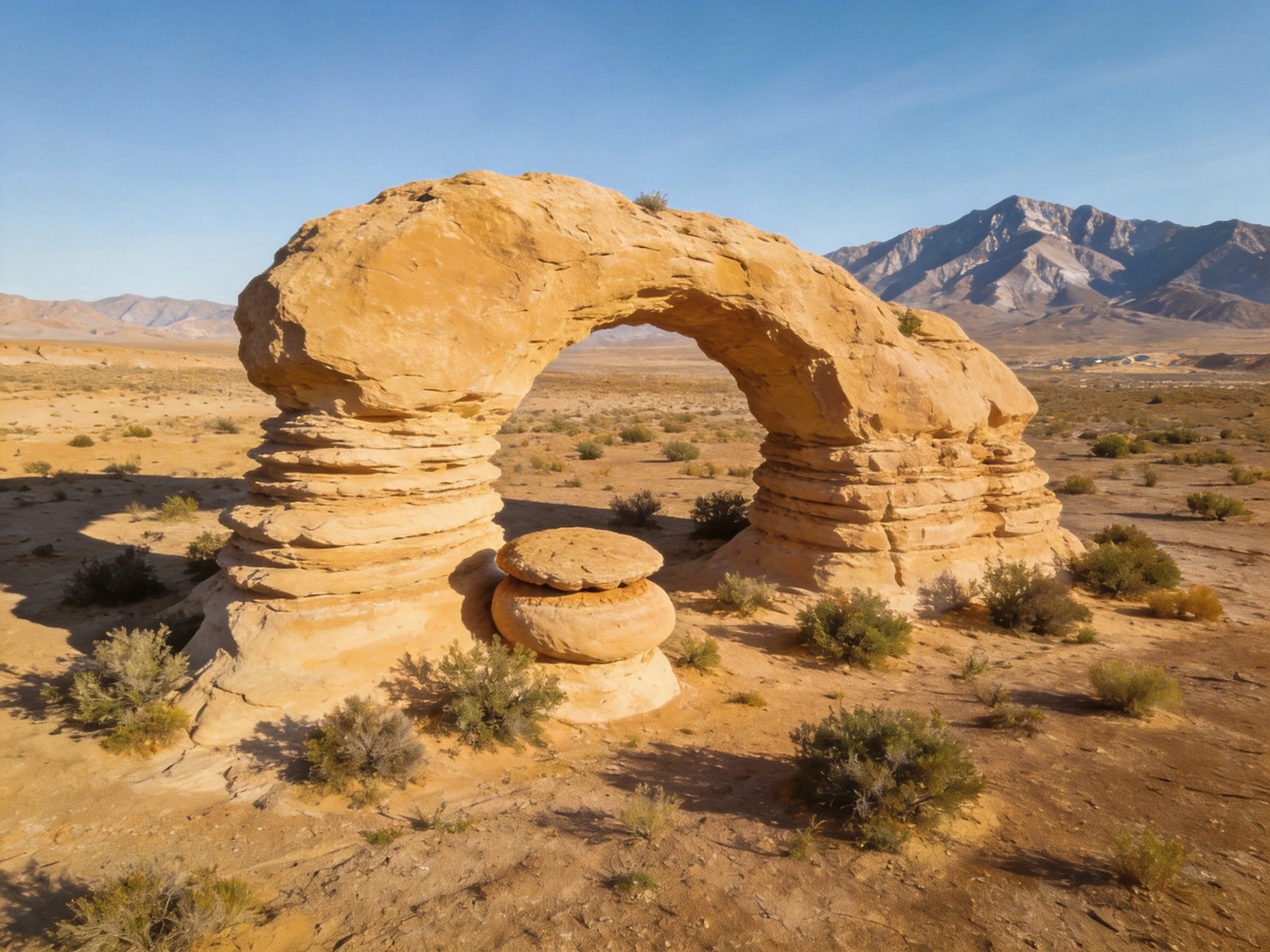 A massive sandstone arch in an arid desert landscape