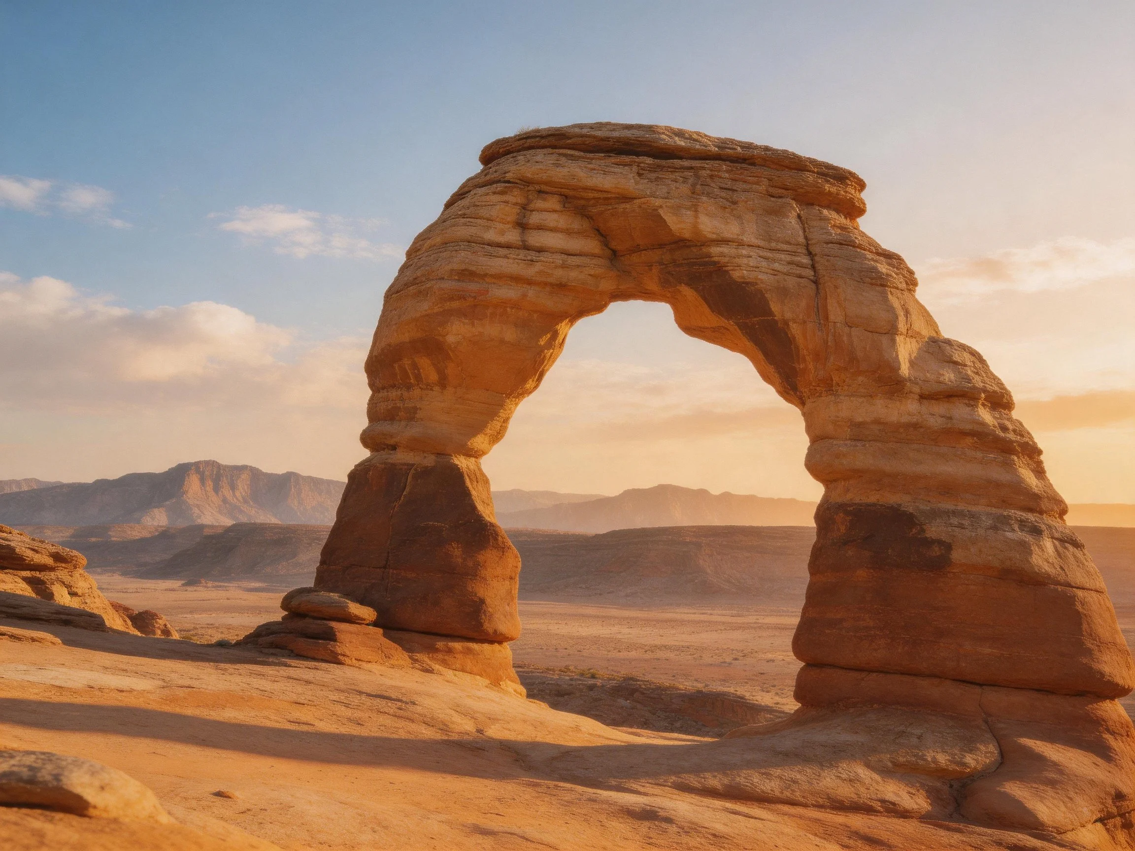 A massive sandstone arch with layered textures under golden sunlight