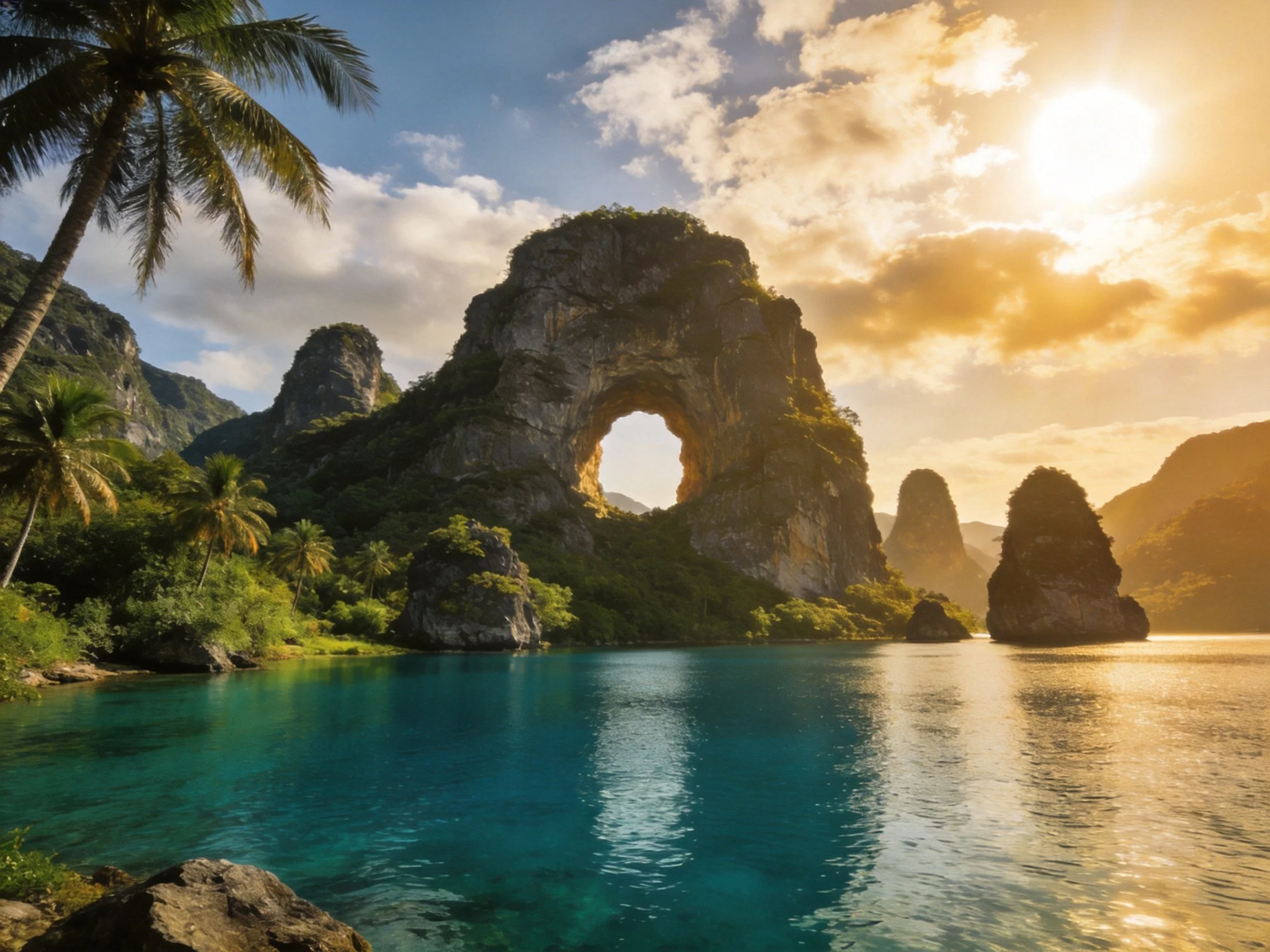 A massive stone arch over turquoise waters with golden sunlight