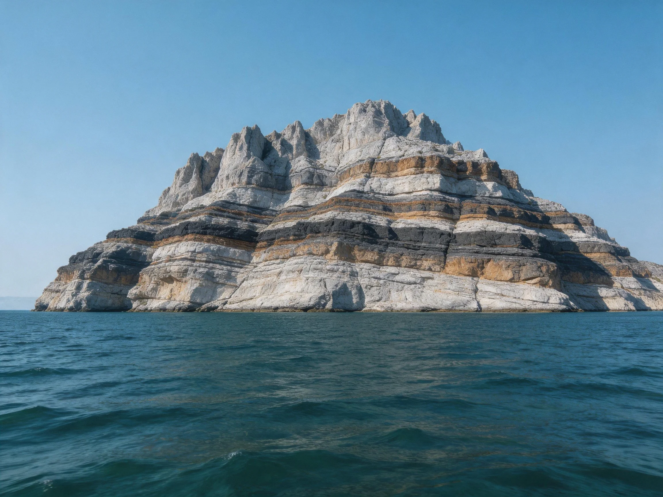 A massive stratified rock formation rises from deep blue waters.