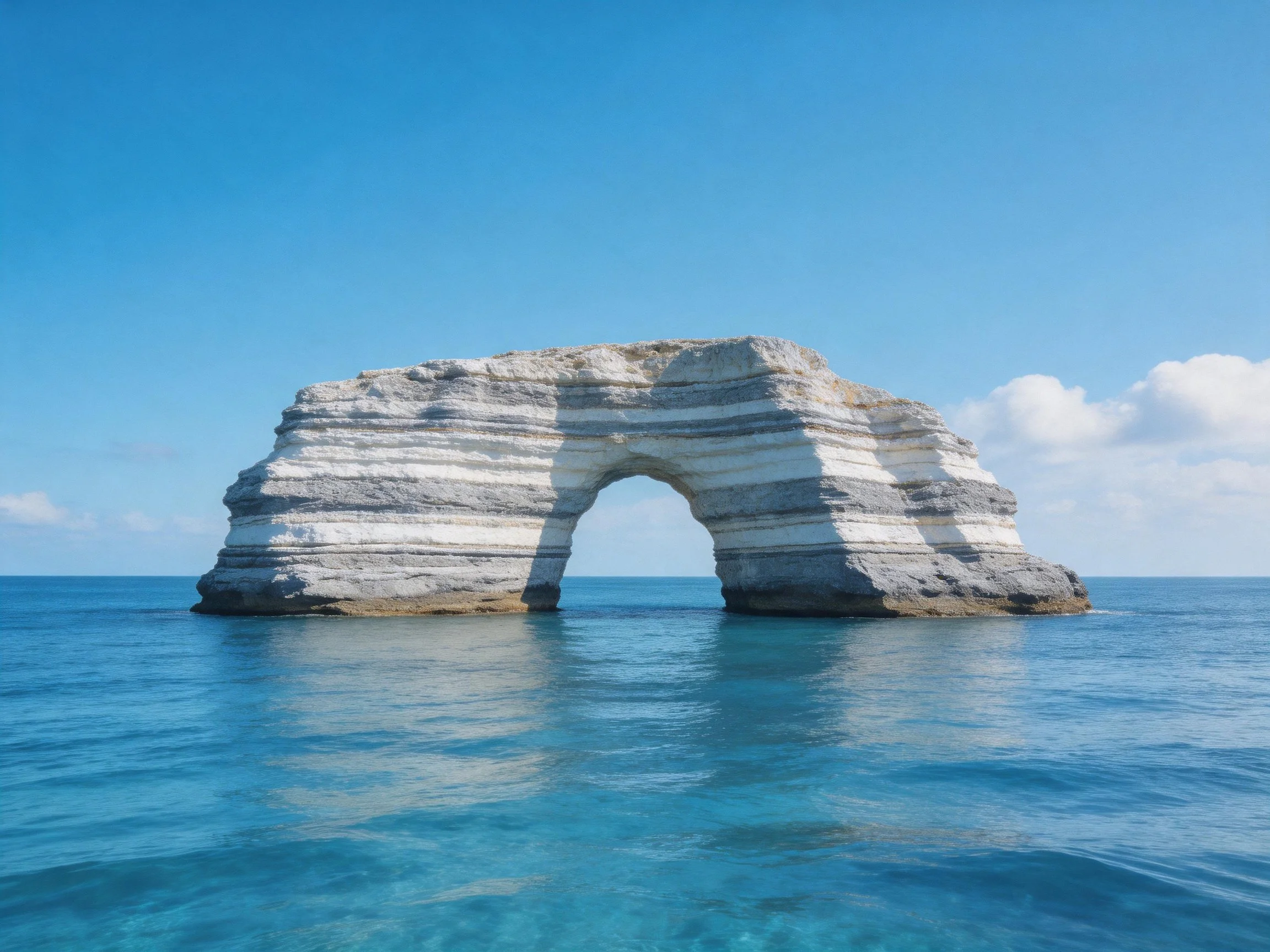 A massive striped rock arch stands alone in turquoise waters