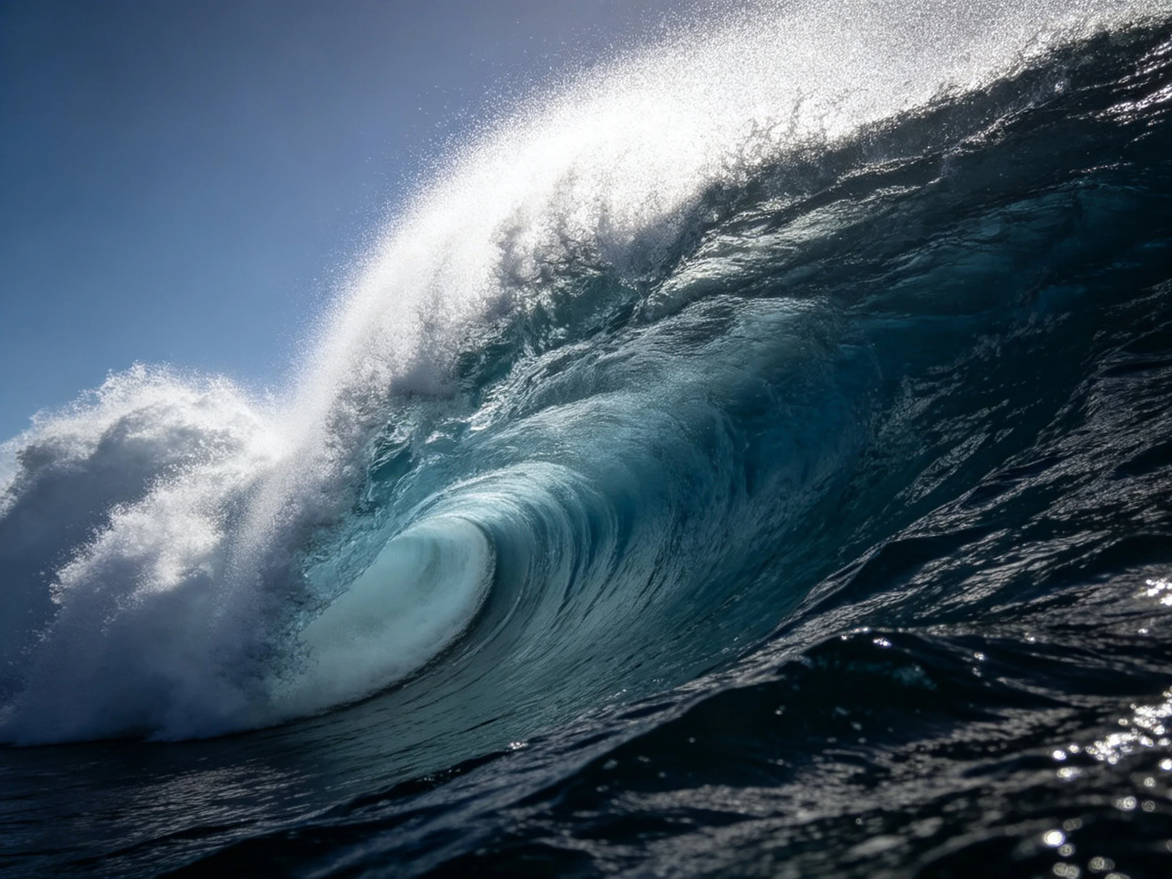 A massive turquoise wave curls into a powerful barrel