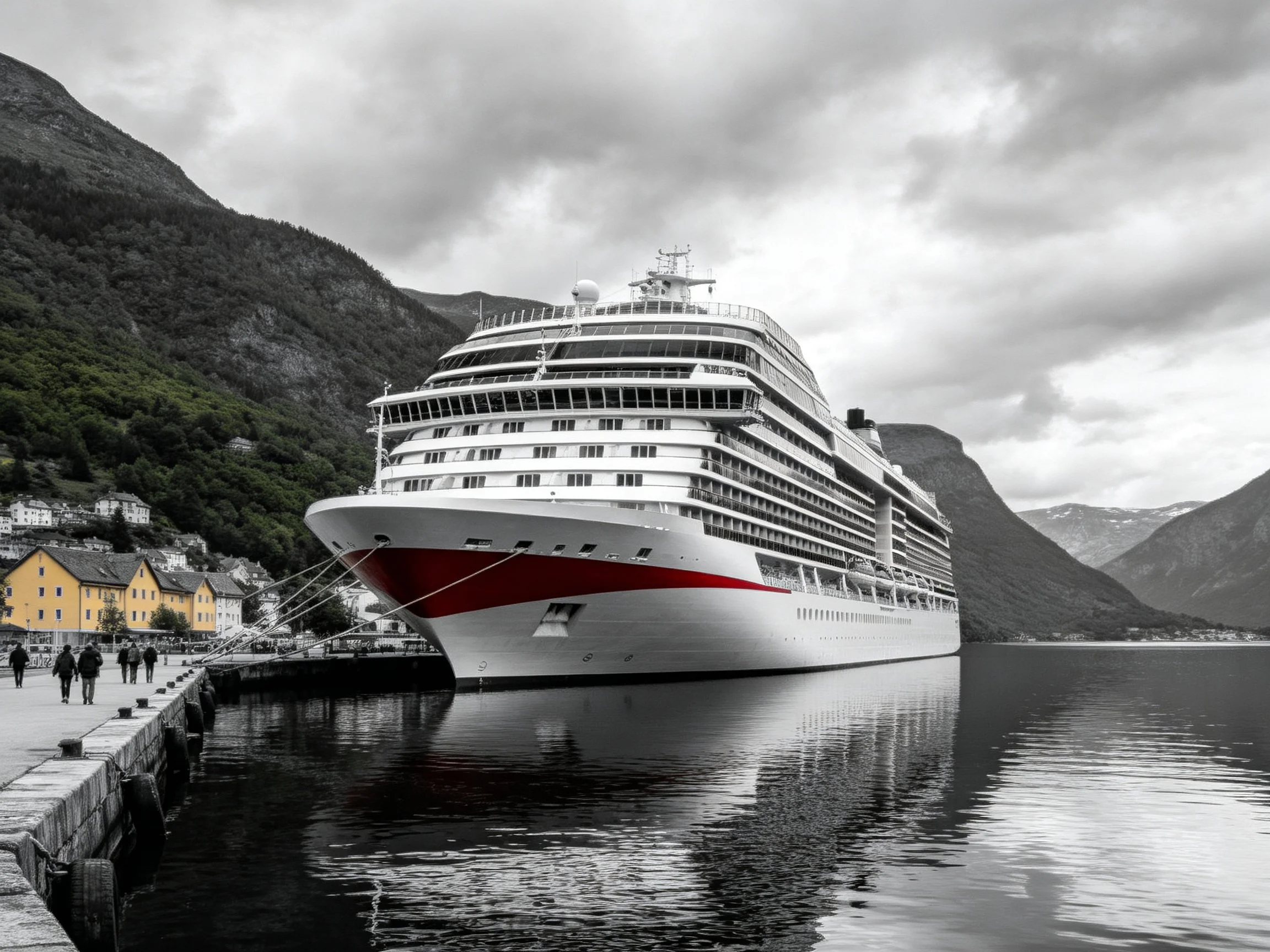 A massive white cruise ship with red stripe docked near mountains