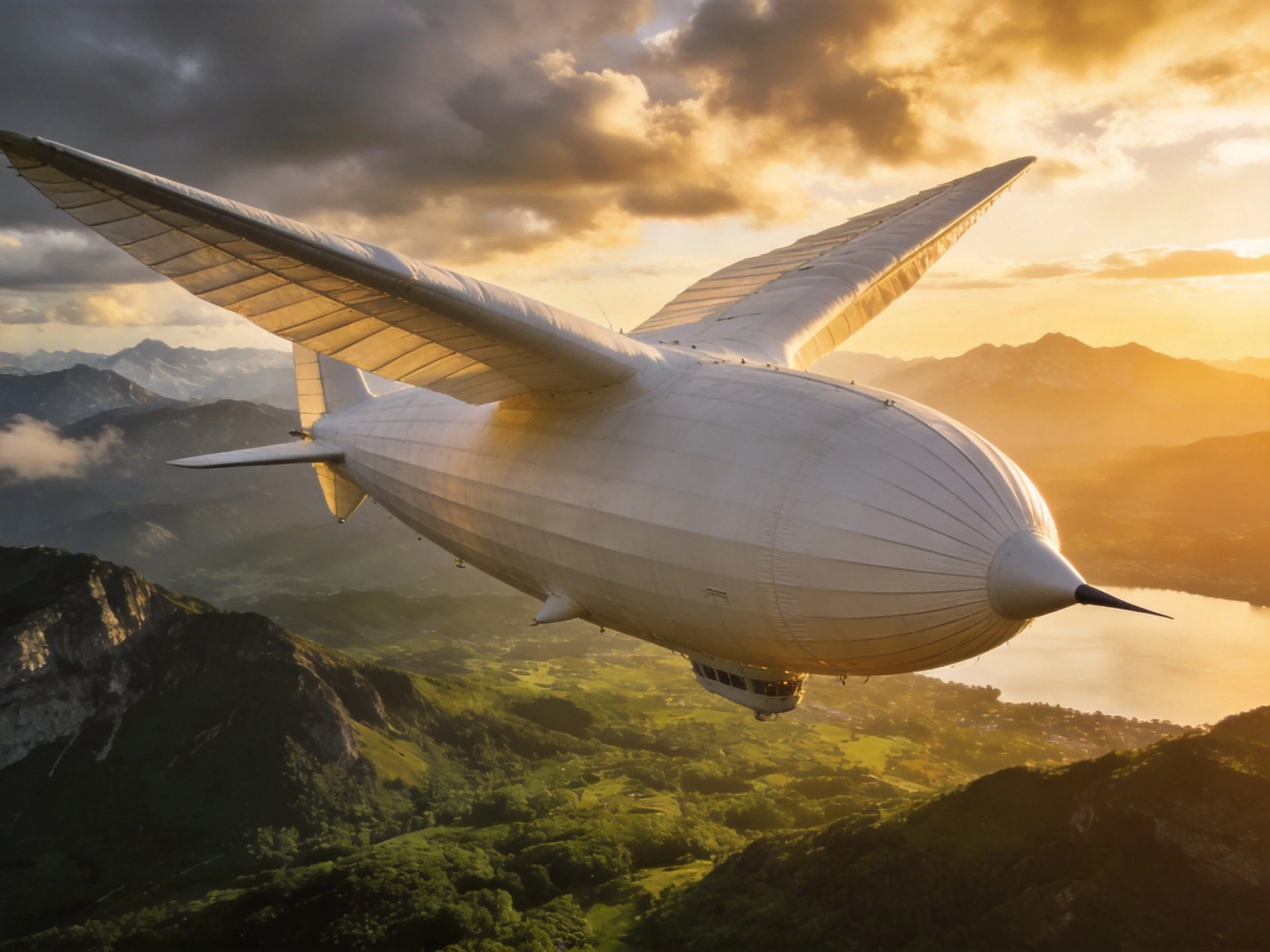 A massive white winged airship soaring over mountainous terrain at sunset