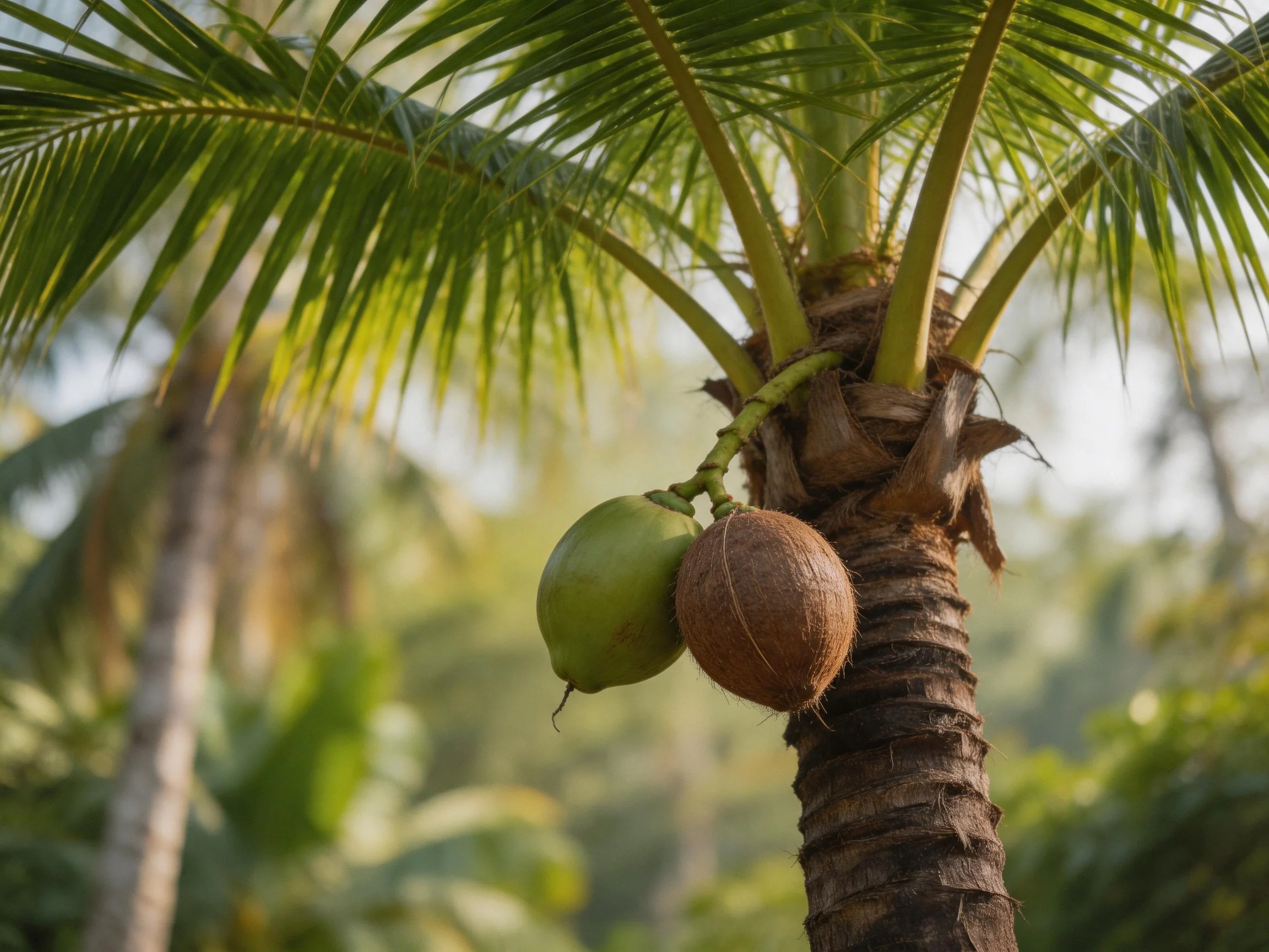 A mature palm tree bears two coconuts—one green, one brown—with lush fronds.