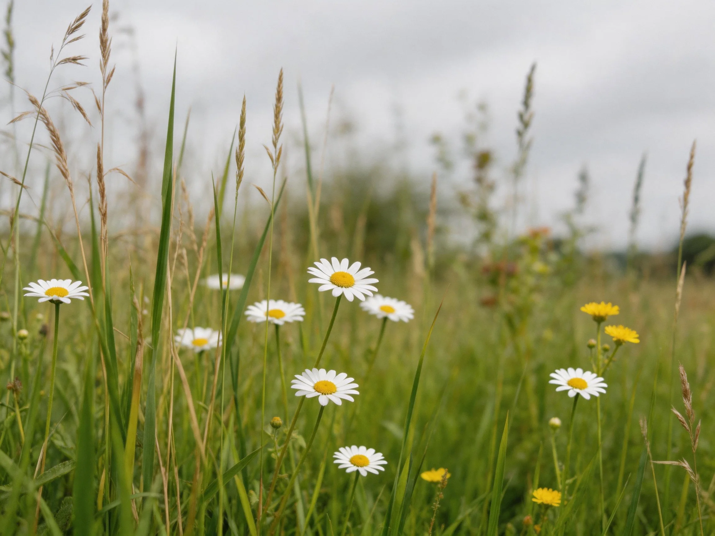 A meadow with white daisies, tall grasses, and yellow flowers under an overcast sky
