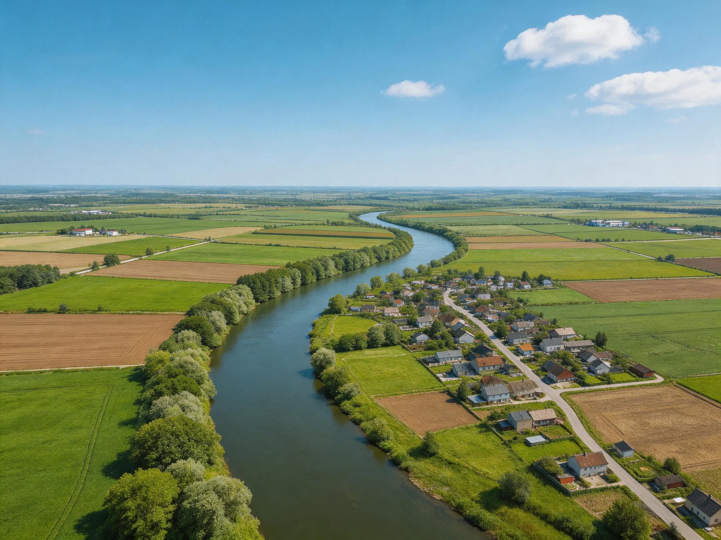 A meandering river winds through farmland near a small town
