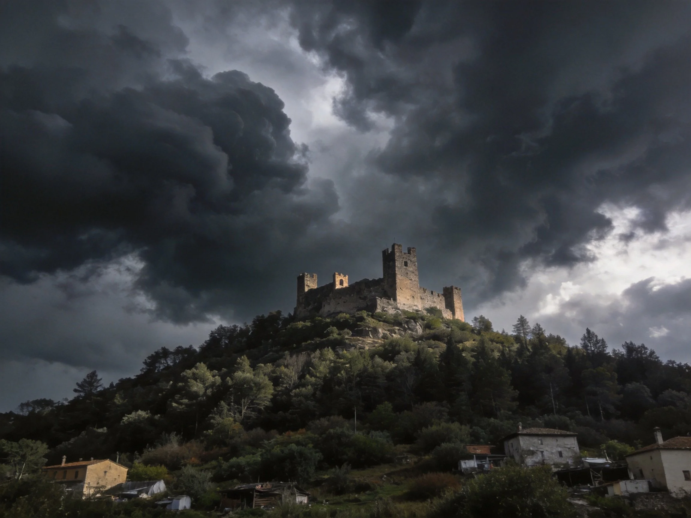 A medieval castle atop a forested hill under dark stormy clouds