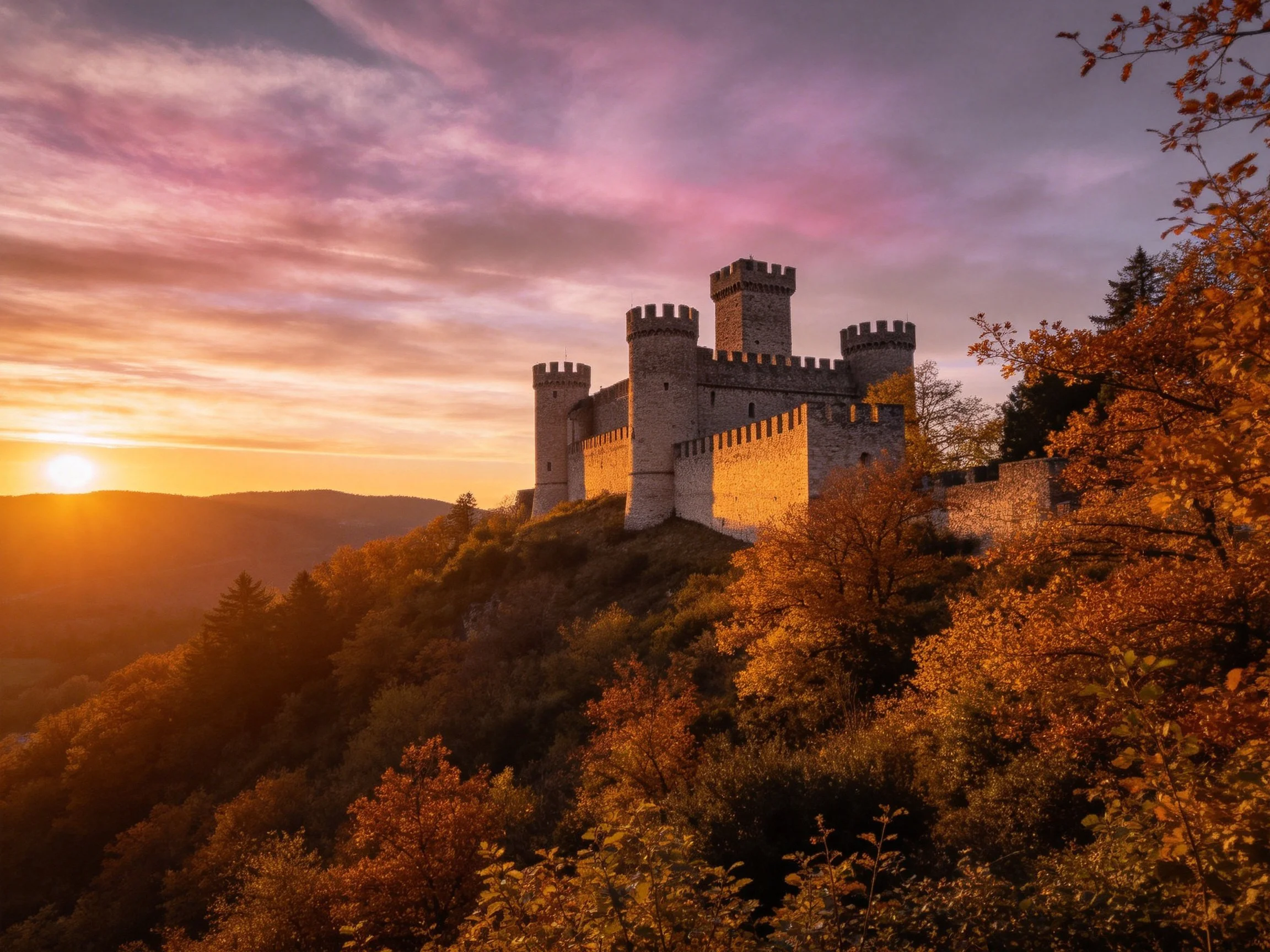 A medieval castle atop a hill during golden-hour autumn sunset