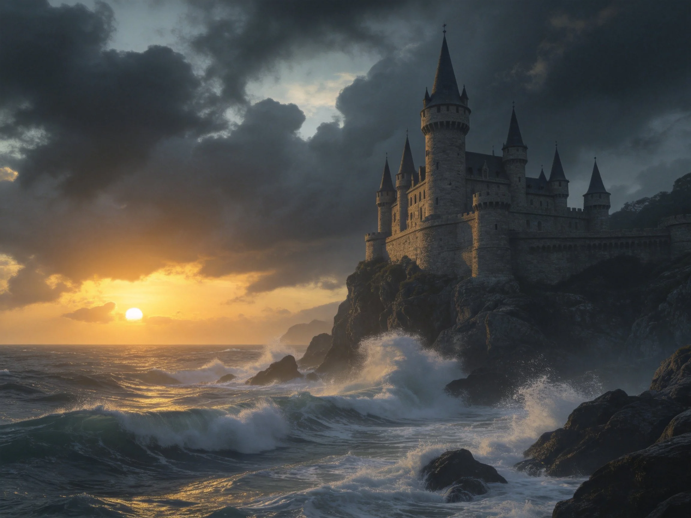 A medieval castle atop rugged cliffs overlooks turbulent seas under stormy skies