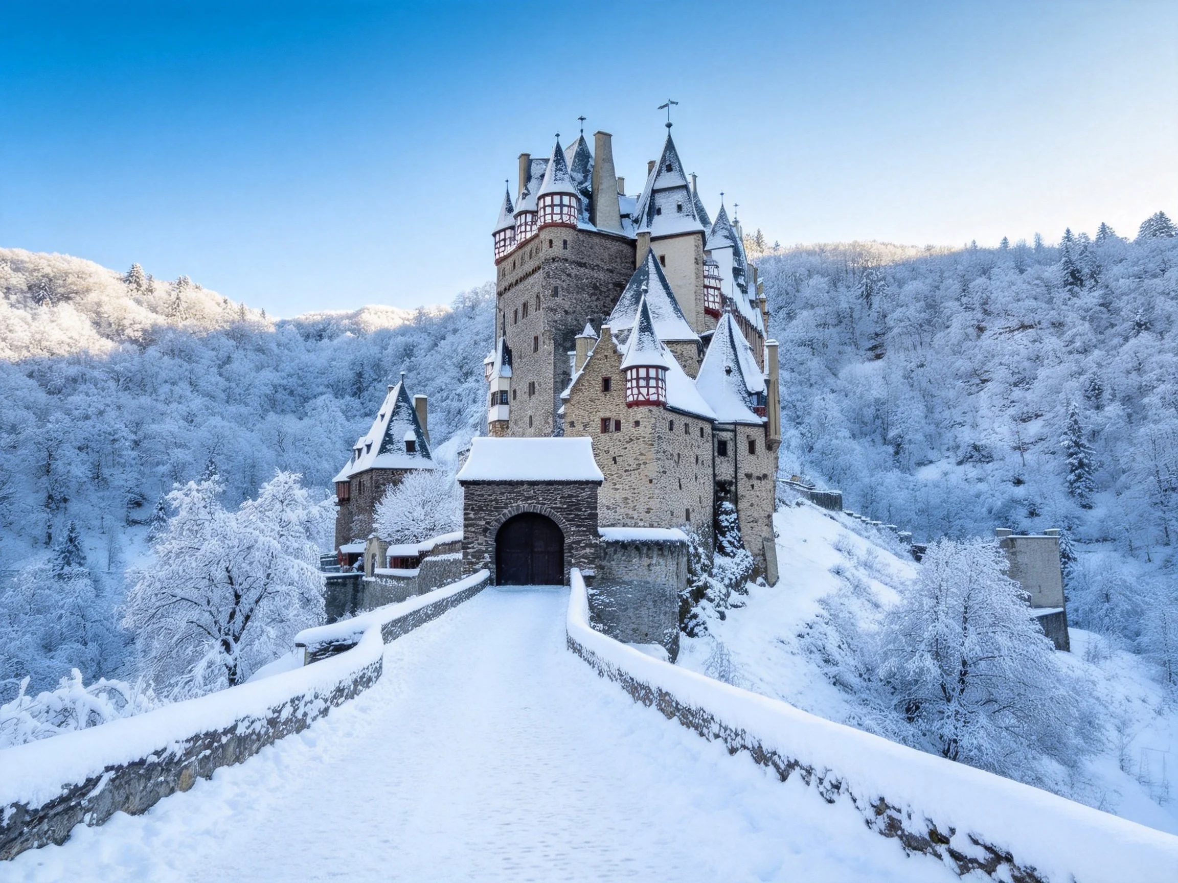 A medieval castle fortress blanketed in pristine white winter snow