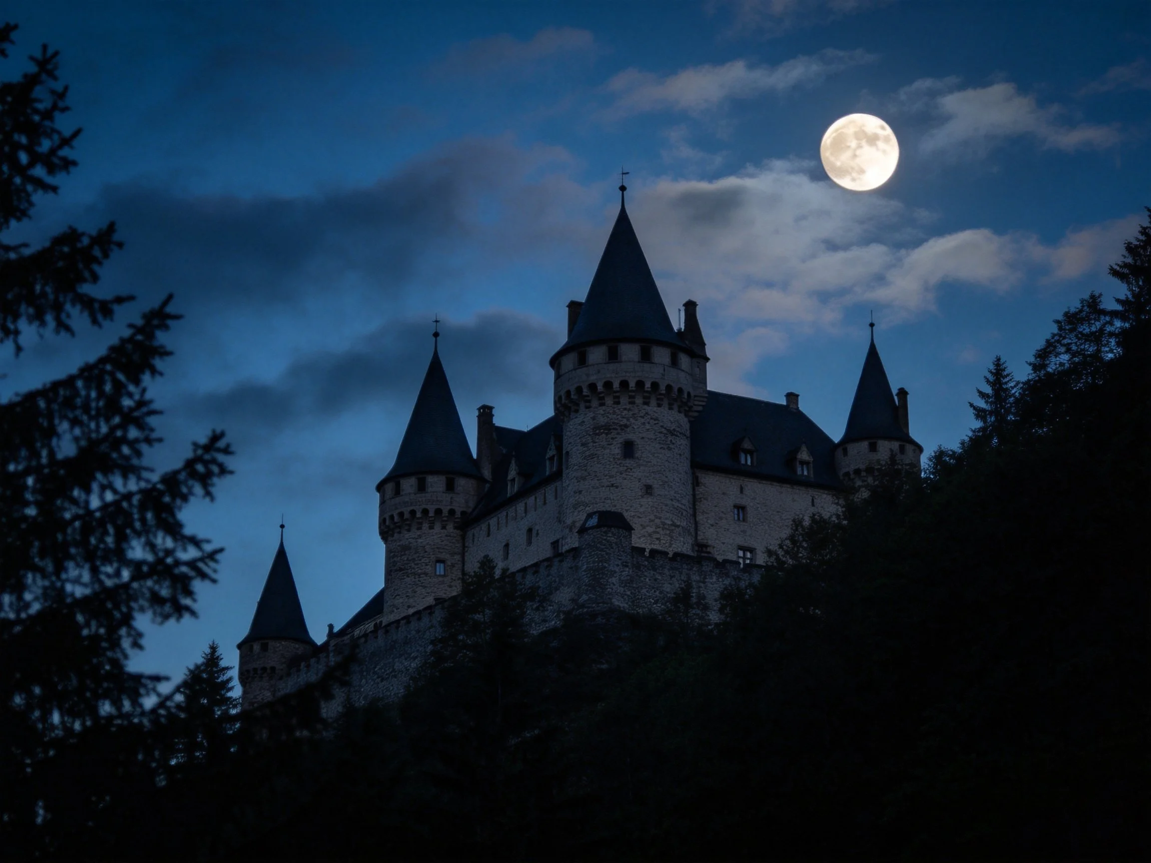 A medieval castle silhouetted against a moonlit twilight sky