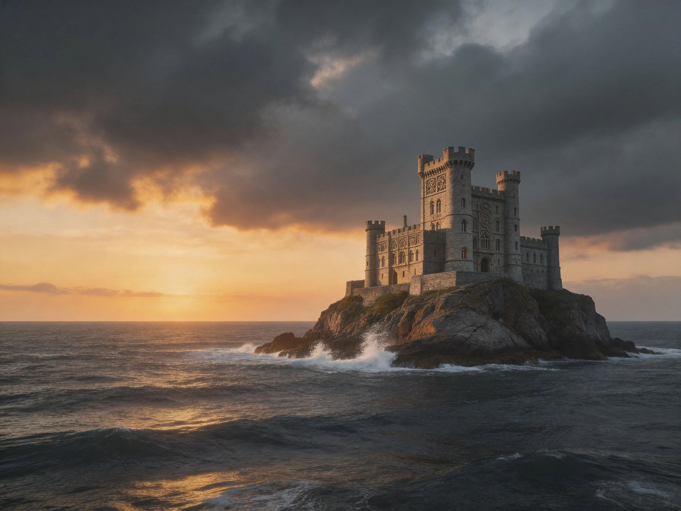 A medieval castle stands on a rocky sea outcrop at sunset