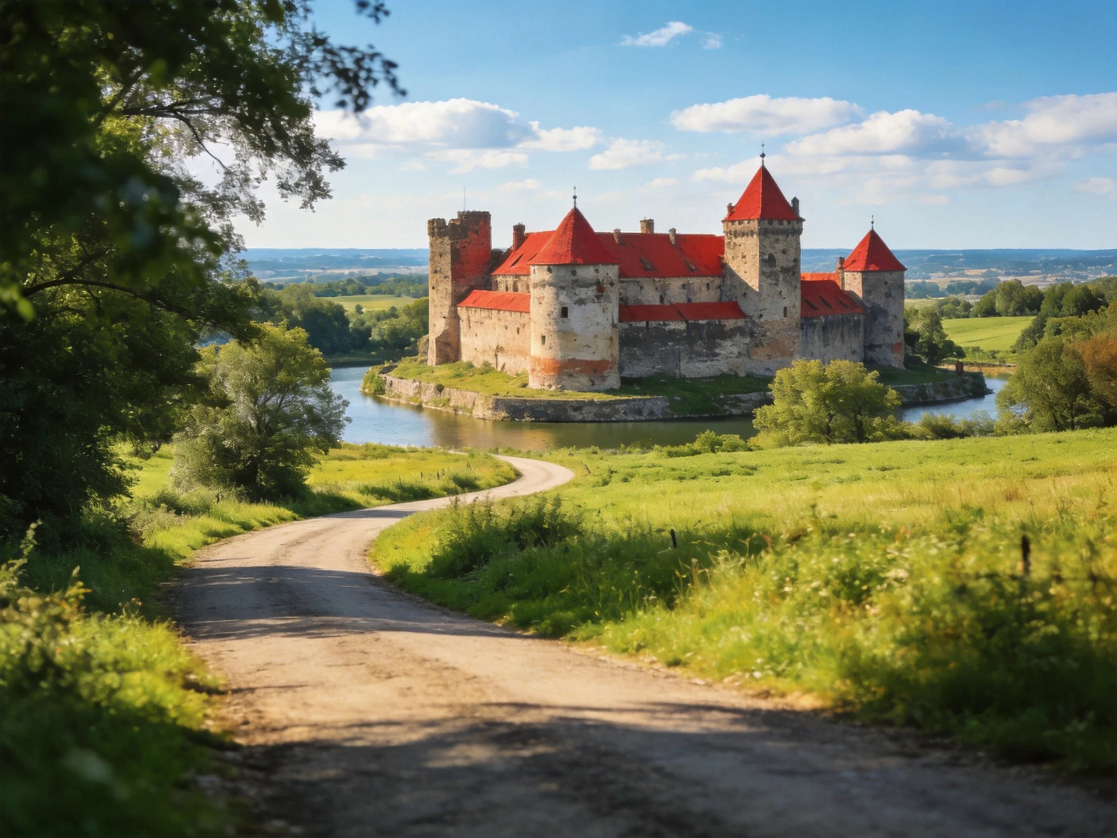A medieval castle with red roofs near a winding dirt road