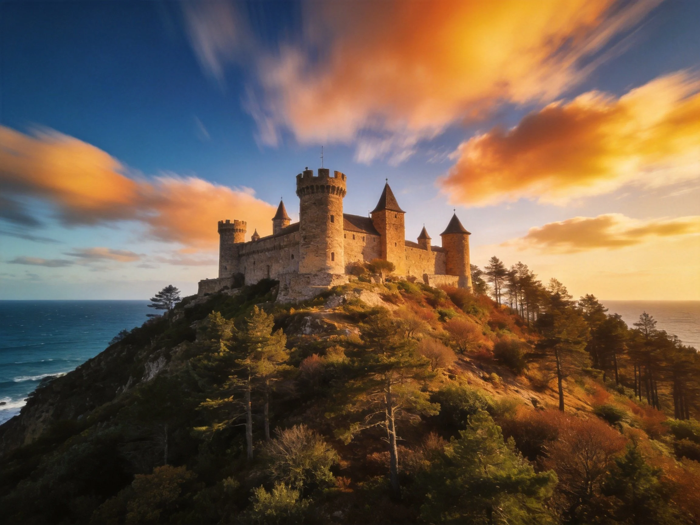 A medieval stone castle atop a coastal cliff at sunset
